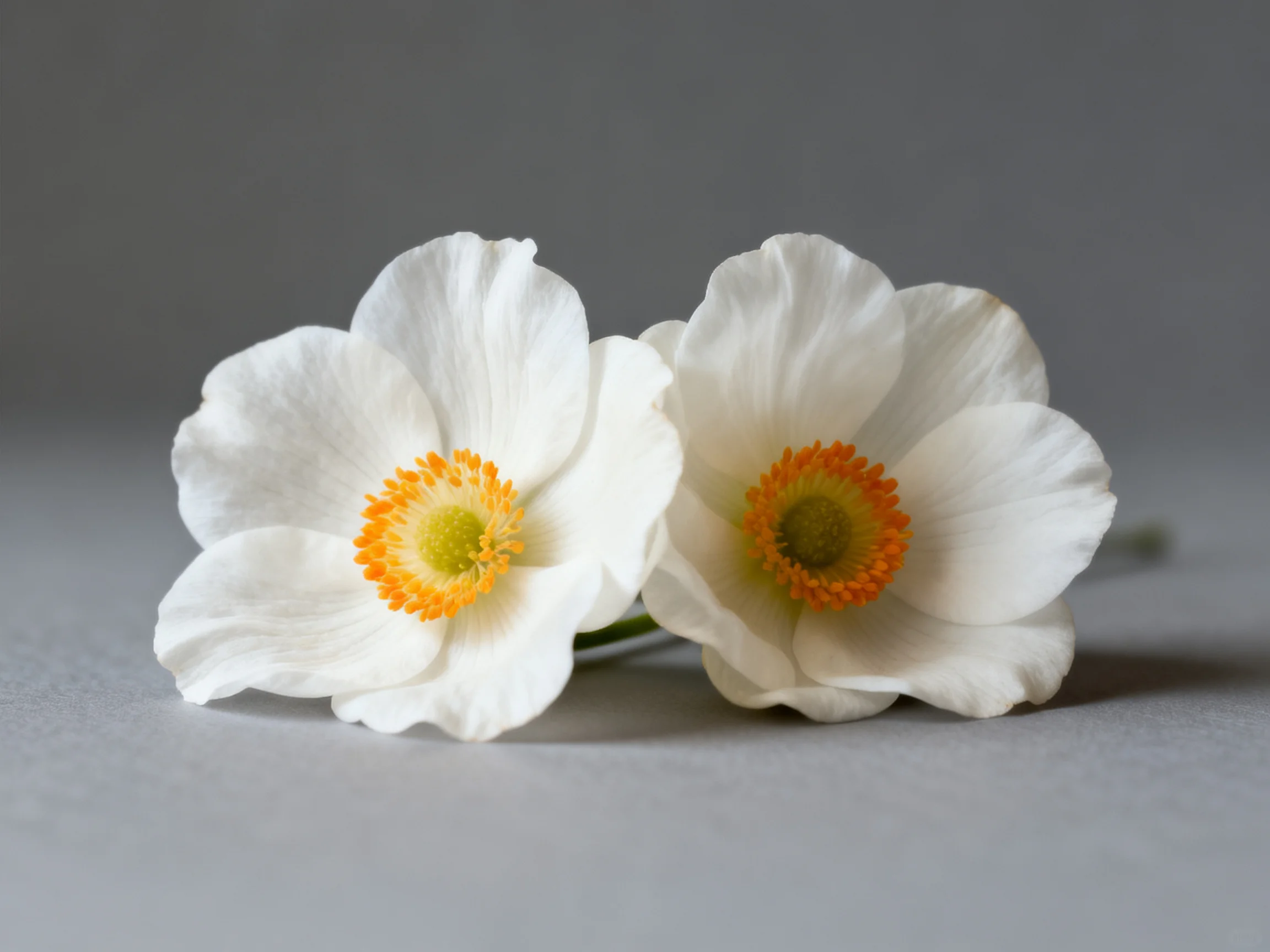 Two delicate white flowers with vibrant orange centers rest on a neutral surface