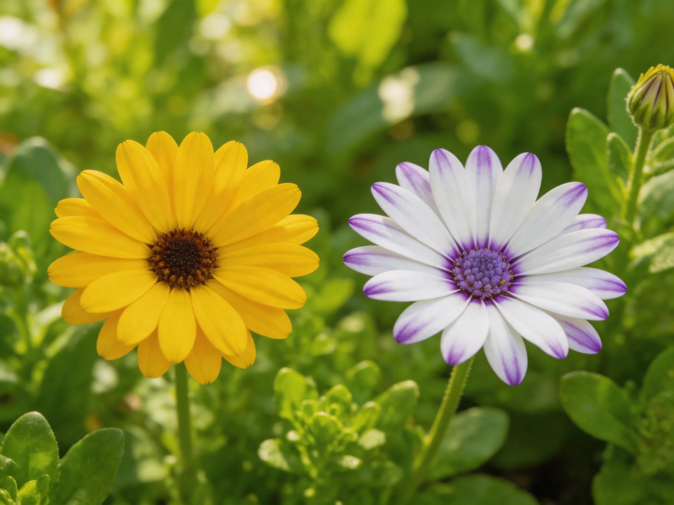 Two distinct flowers, one yellow, one purple-tipped white, amidst greenery