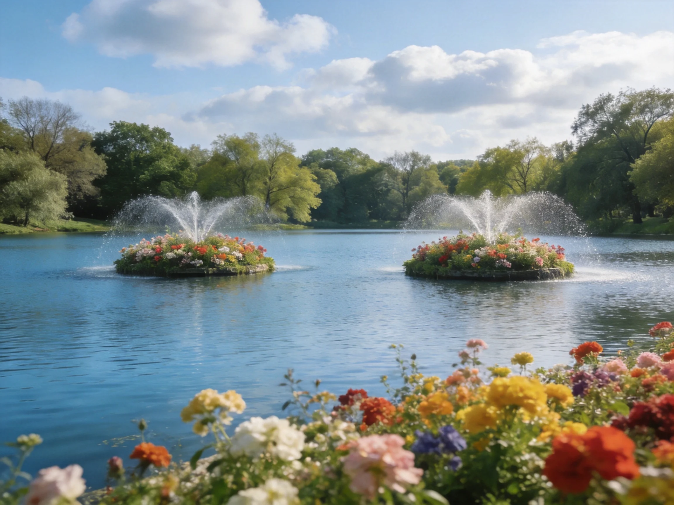 Two fountain islands adorned with vibrant blooms float on a serene blue lake.