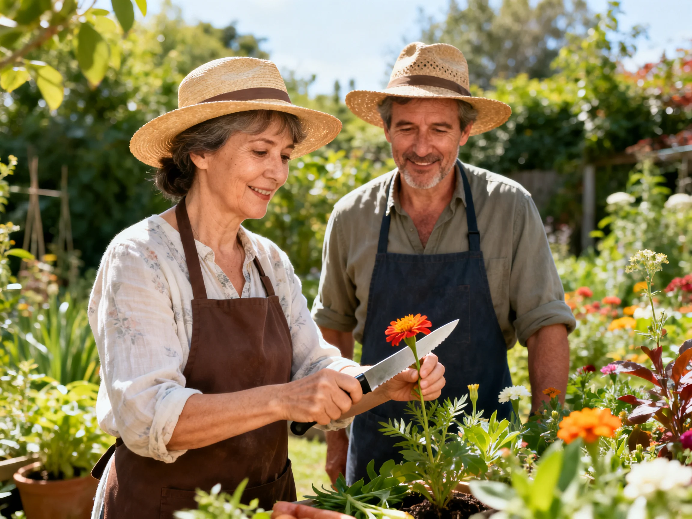 Two gardeners trimming colorful blooms in a sunlit flower garden