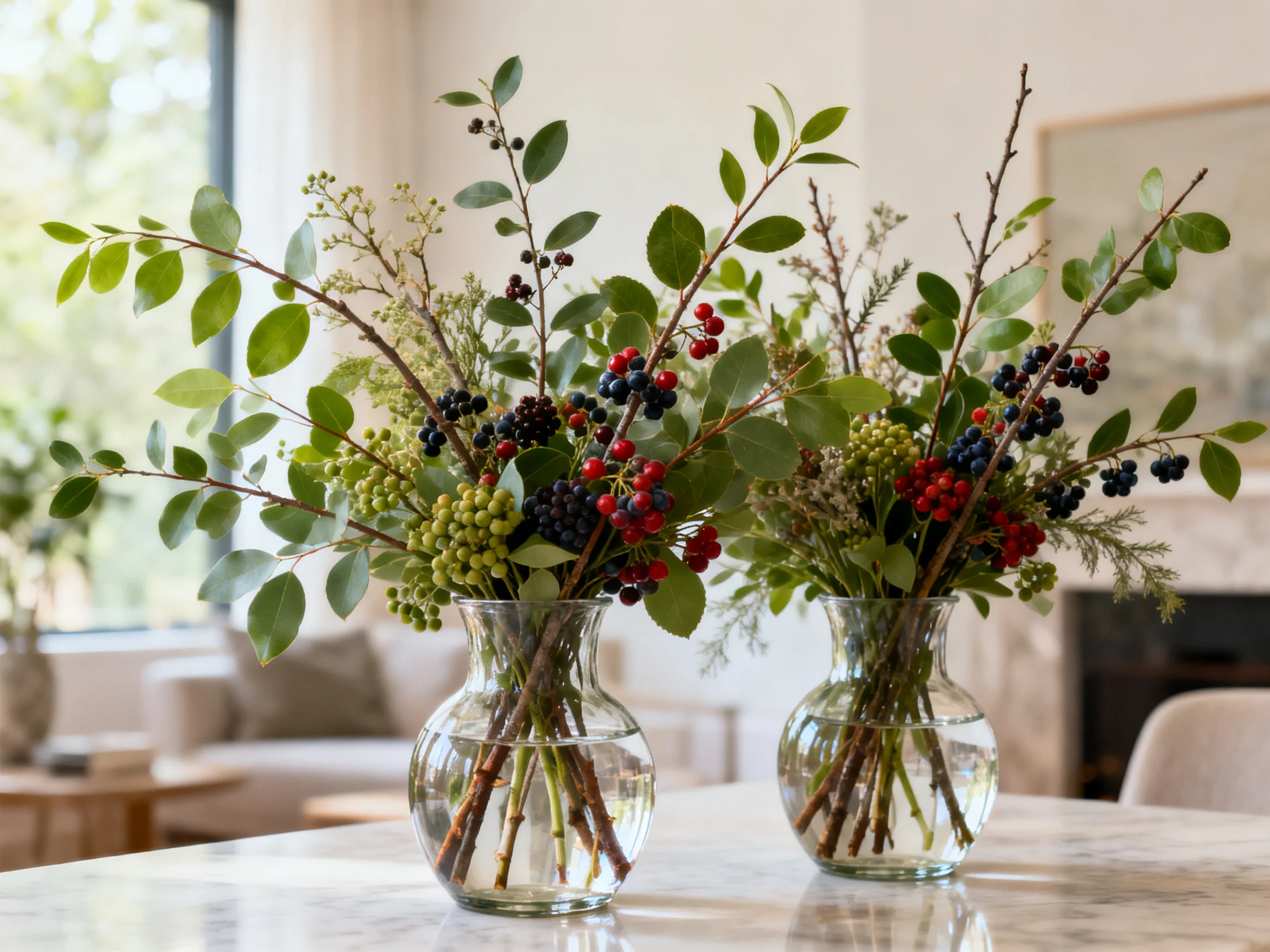 Two glass vases display vibrant berry and leaf bouquets
