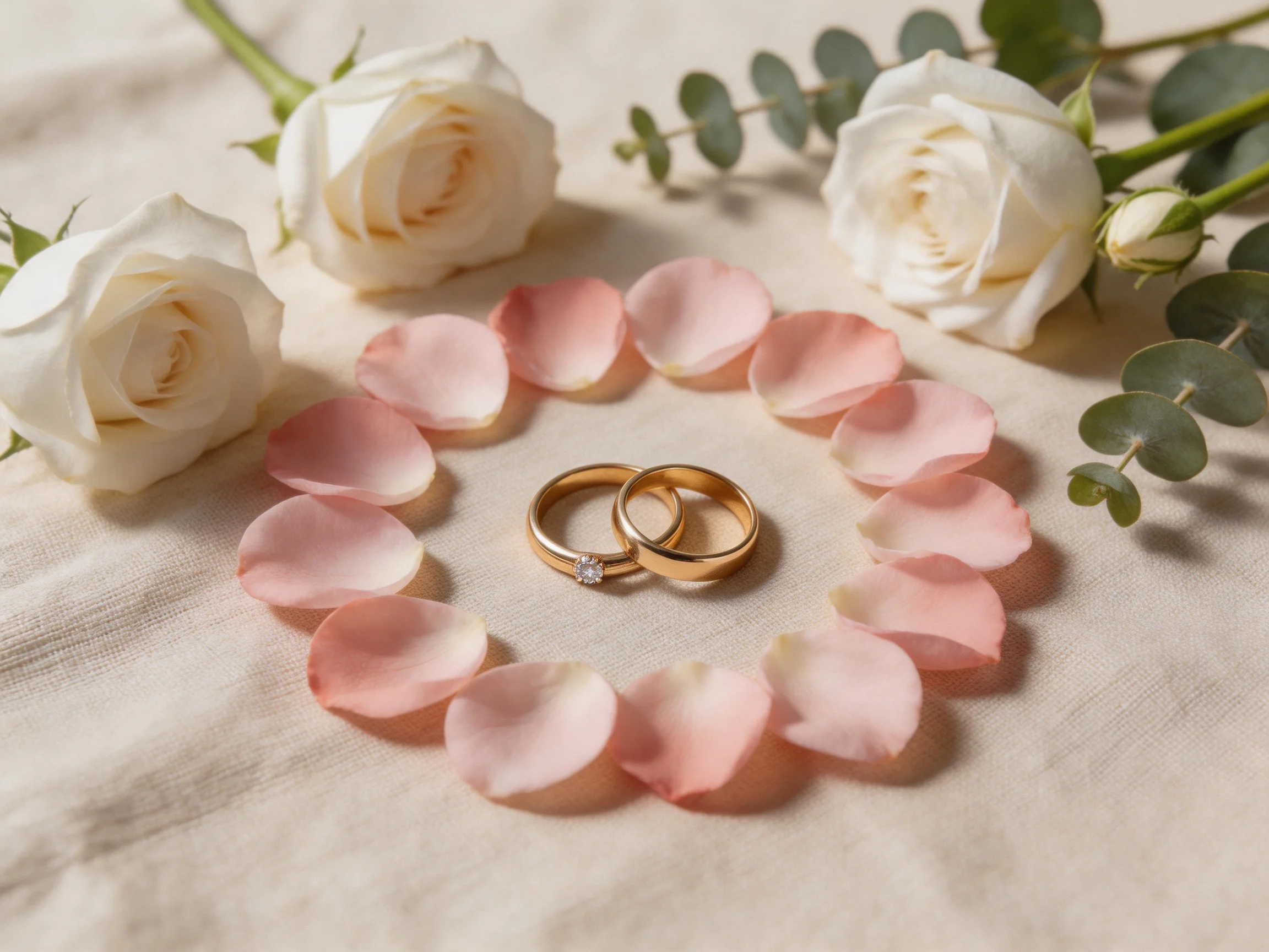 Two gold wedding rings encircled by pink rose petals and white roses