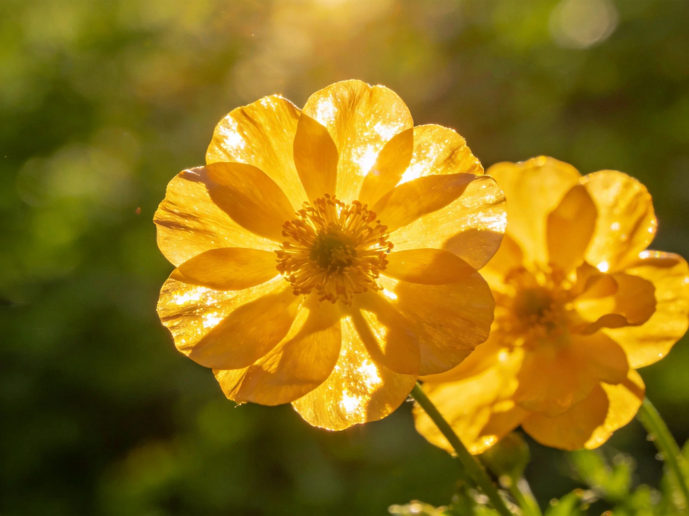Two golden-yellow flowers illuminated by sunlight amid green foliage