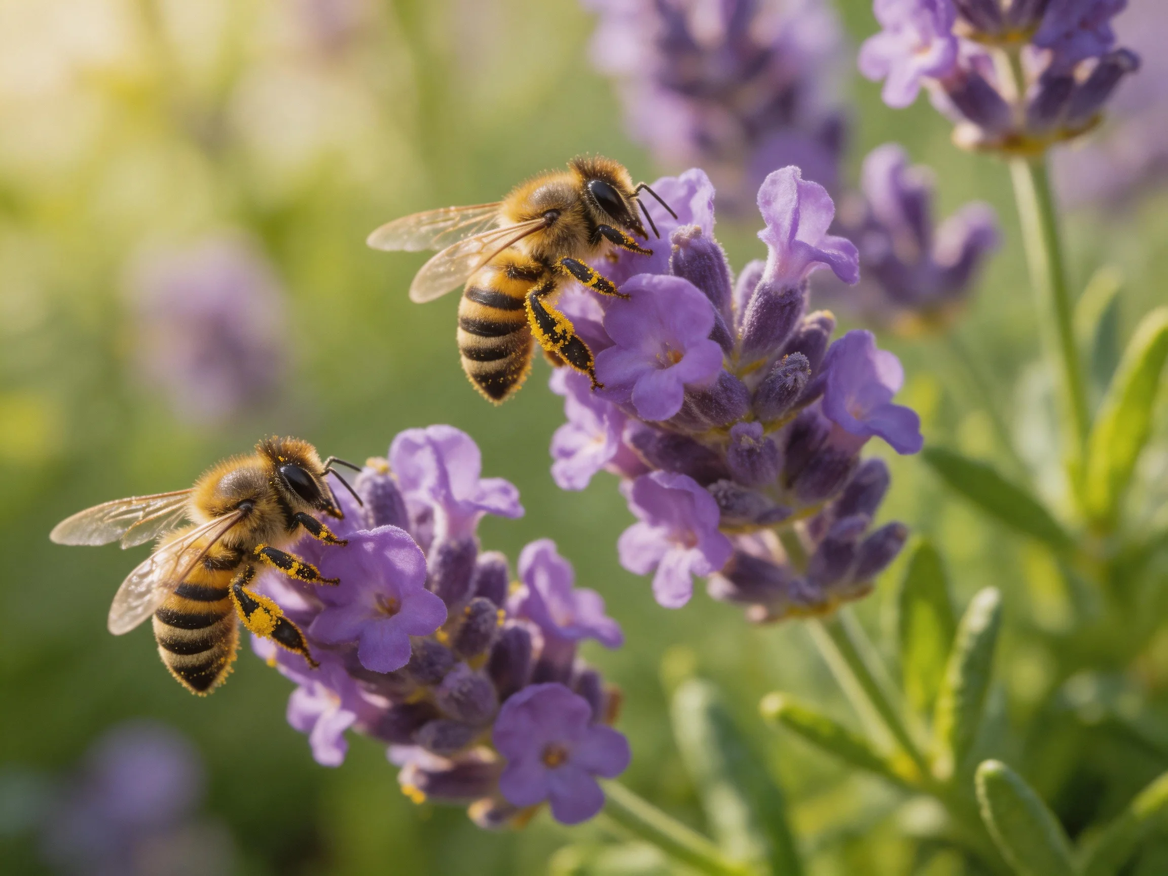 Two honeybees collect nectar from bright purple lavender blooms