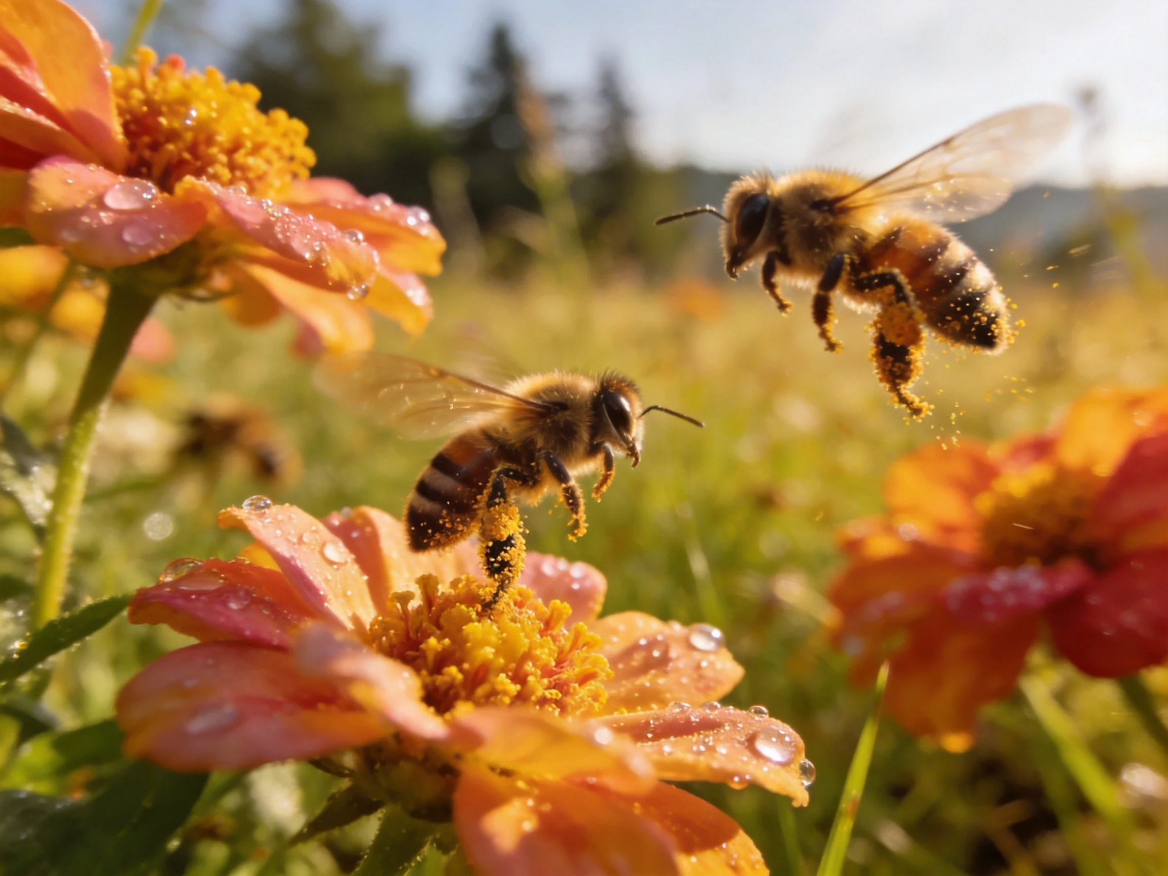 Two honeybees collect nectar from vibrant orange flowers with dewdrops