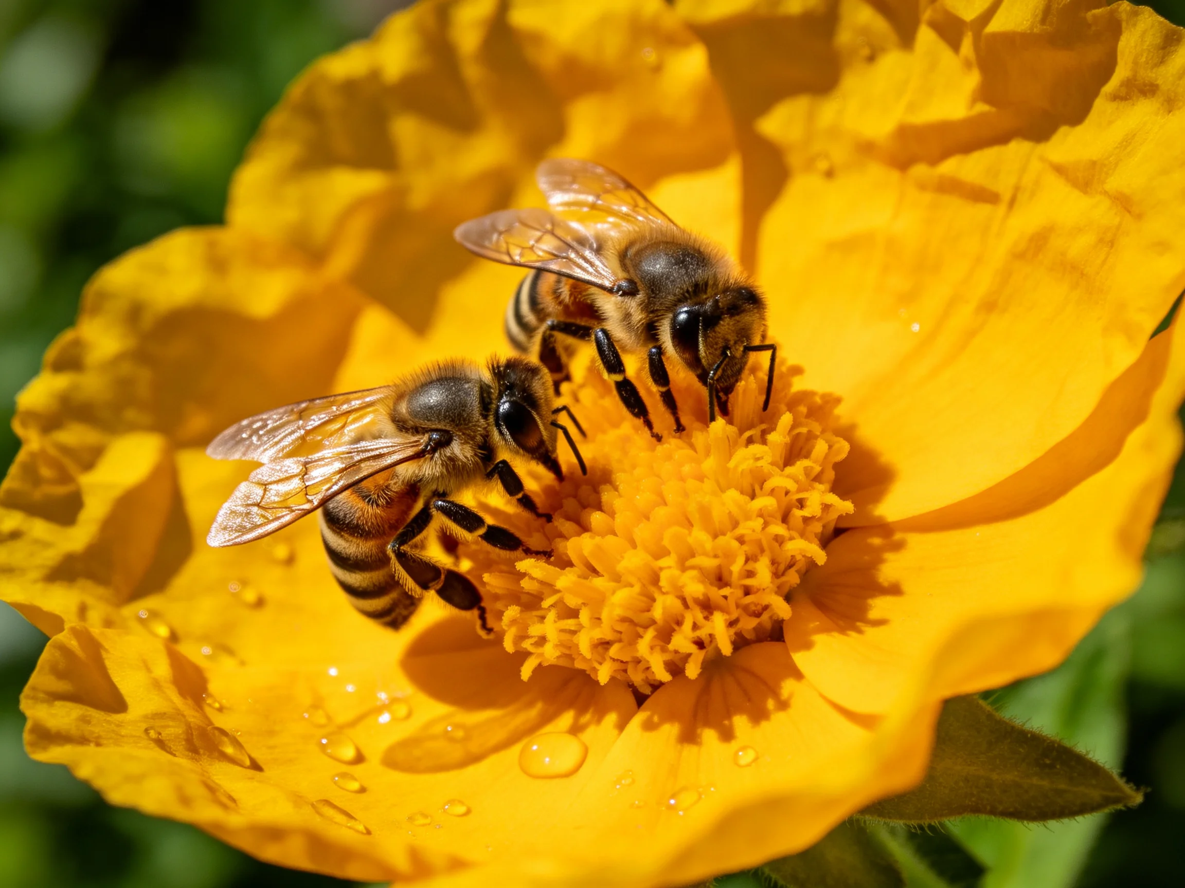 Two honeybees collecting nectar from a vibrant yellow flower
