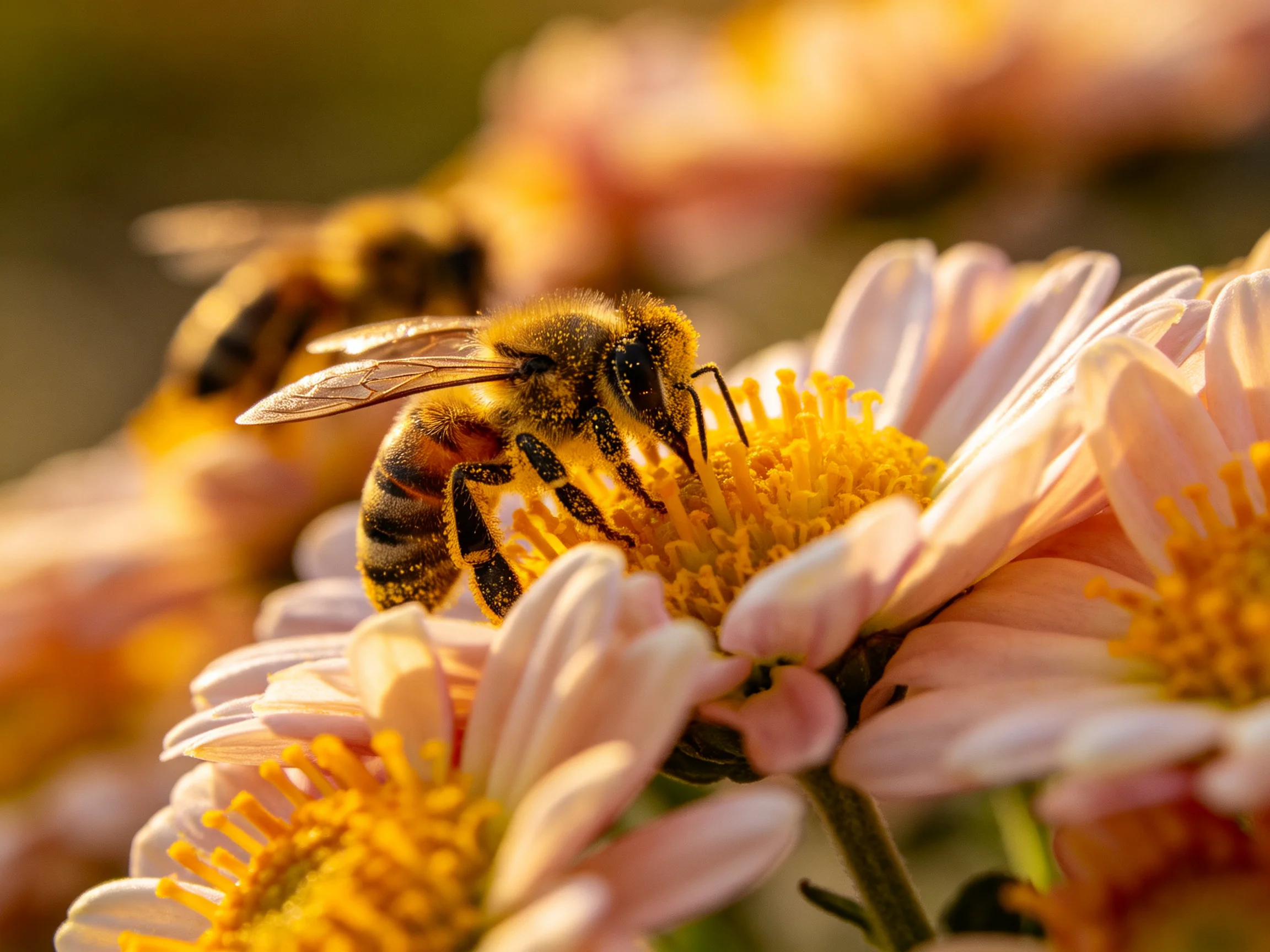 Two honeybees collecting nectar from soft pink and yellow flowers