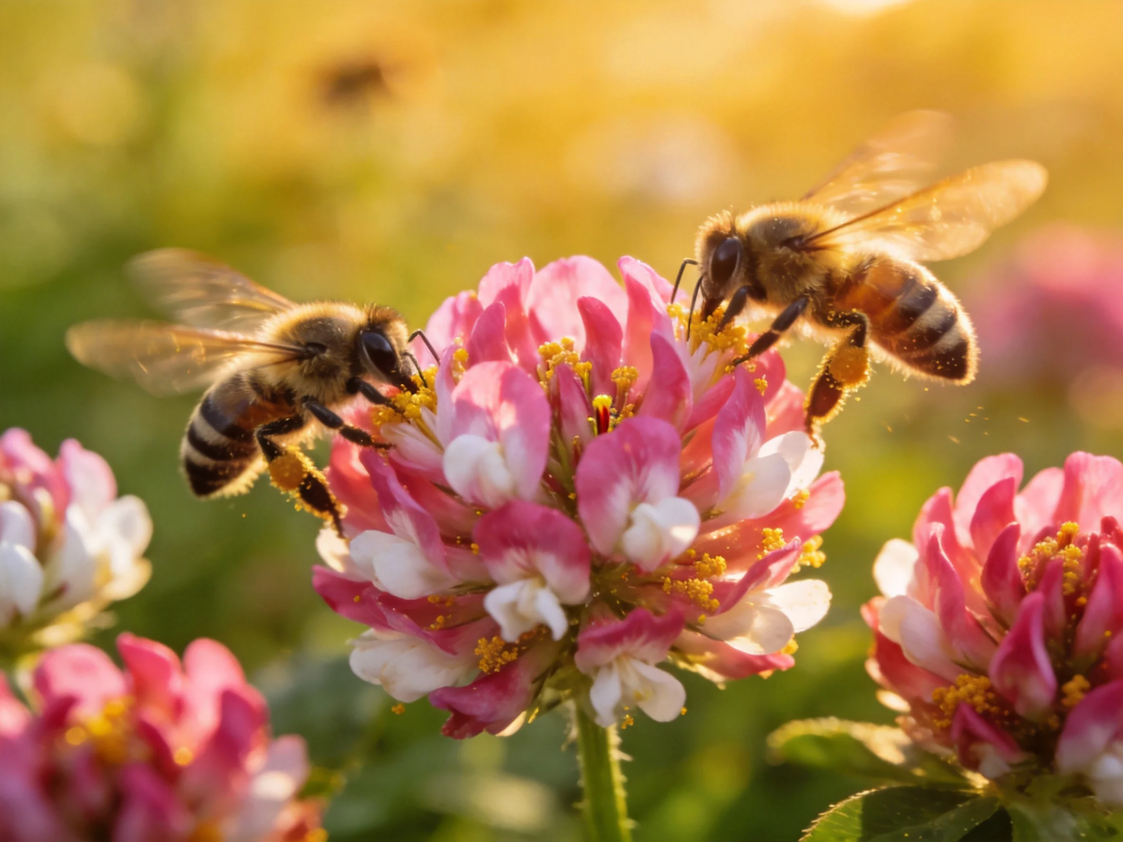 Two honeybees collecting nectar from vibrant pink clover blooms