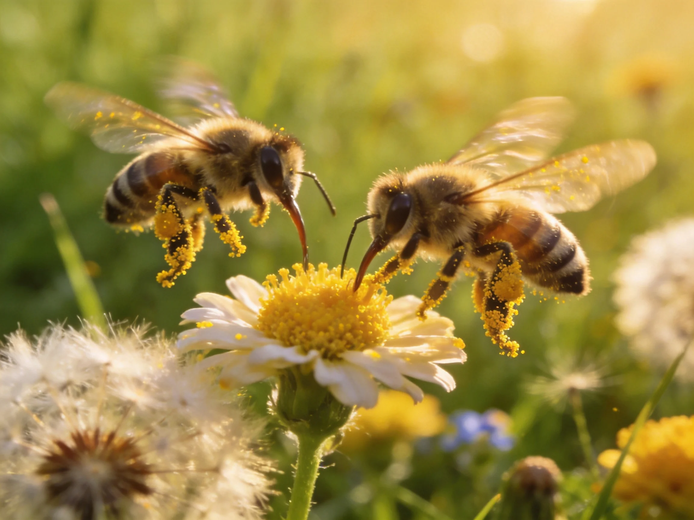 Two honeybees collecting pollen from a white-centered flower