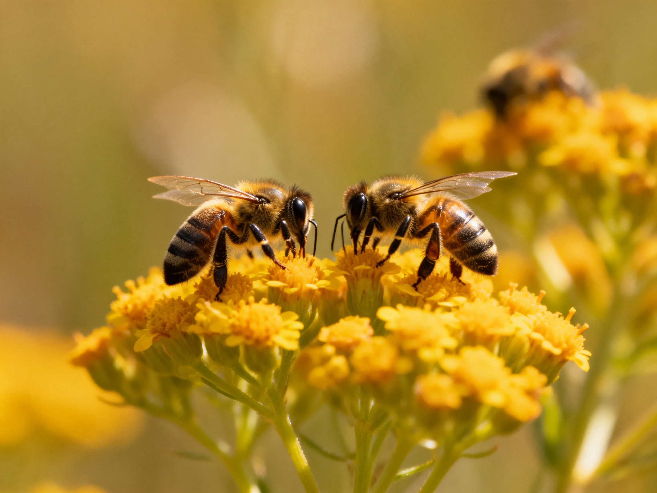 Two honeybees feed on bright yellow flowers with a third nearby