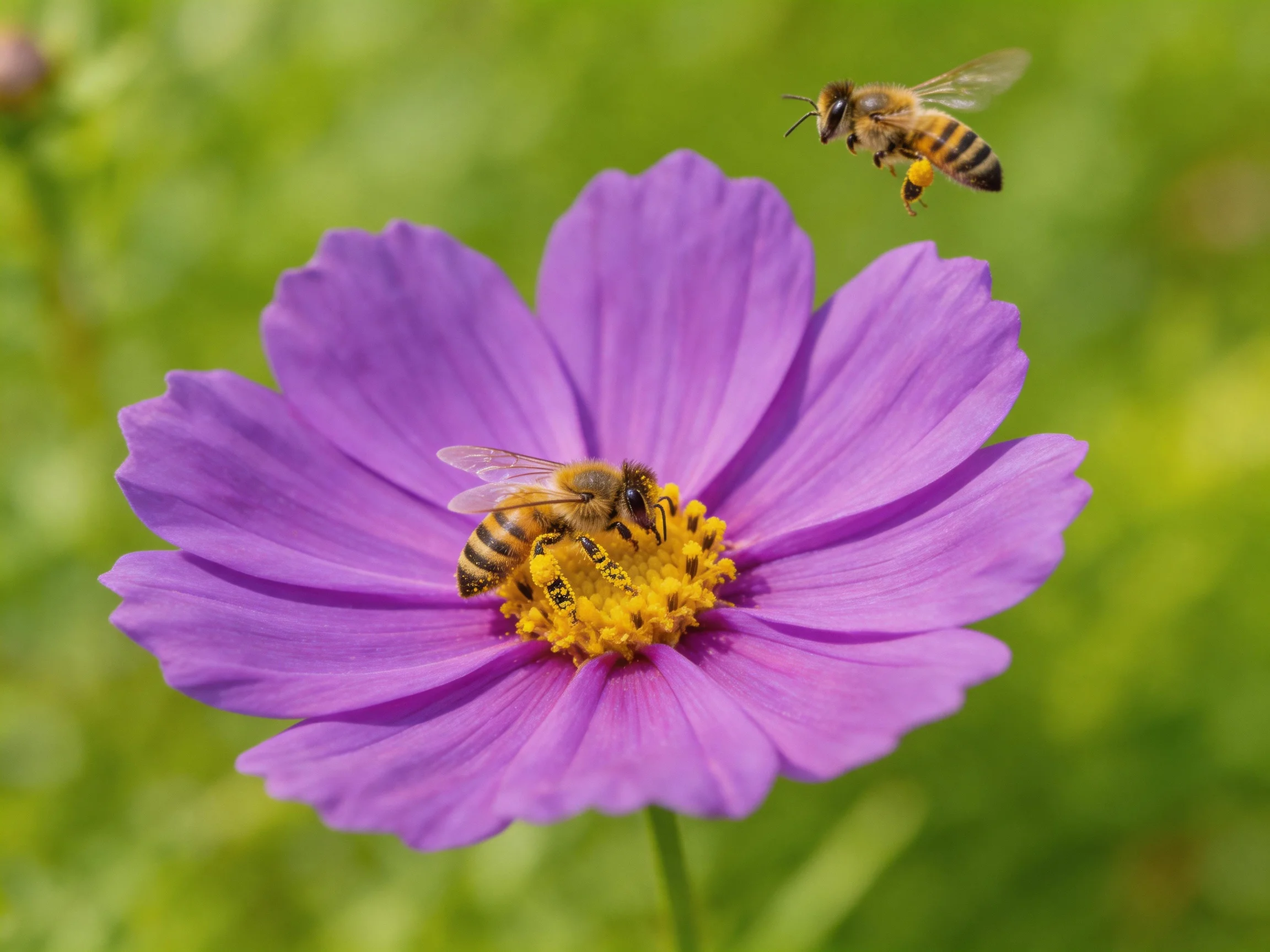 Two honeybees interact with a vibrant purple flower amidst greenery