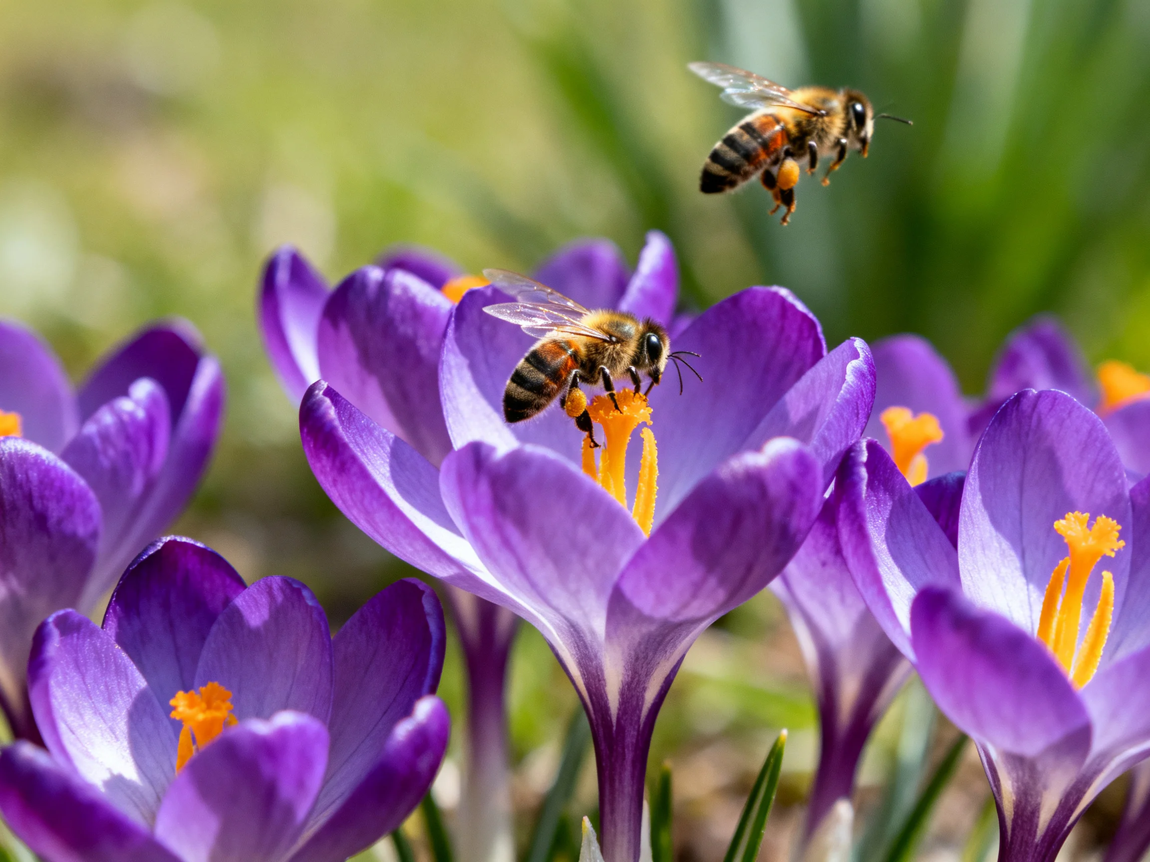 Two honeybees interacting with vibrant purple crocus flowers