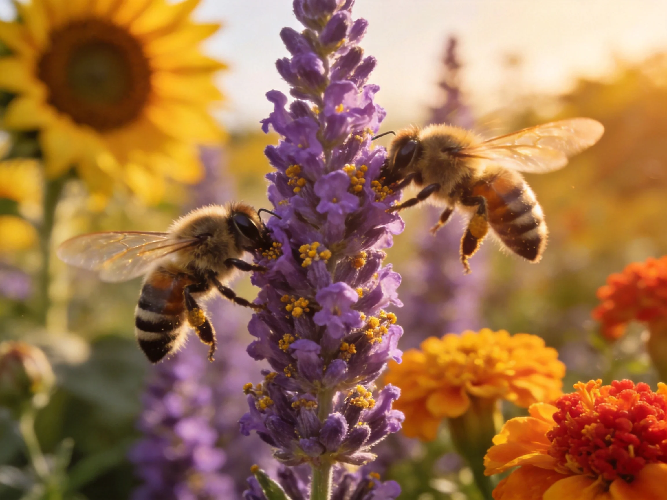 Two honeybees pollinate a tall purple flower amid sunflowers and marigolds