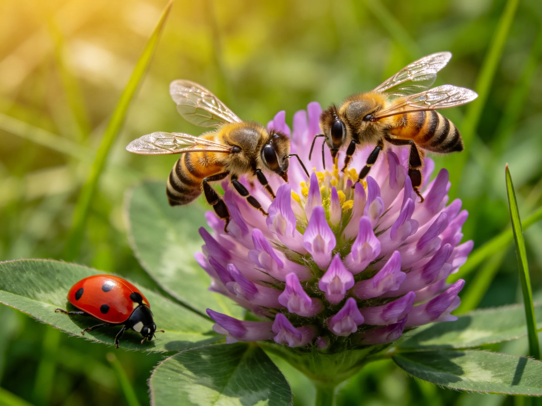 Two honeybees pollinate a vibrant purple clover with a red ladybug nearby