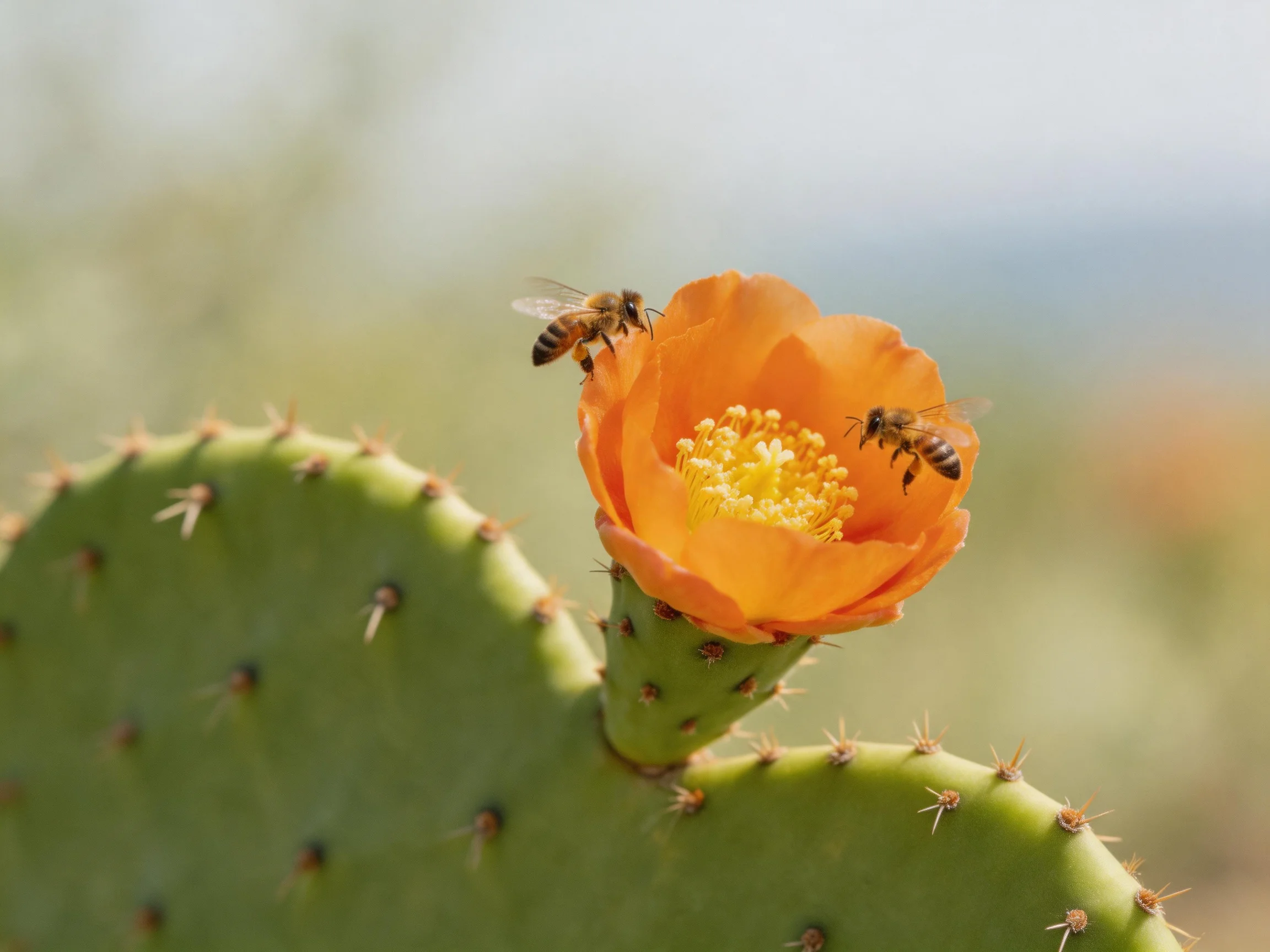 Two honeybees pollinate an orange bloom atop a spiny green cactus