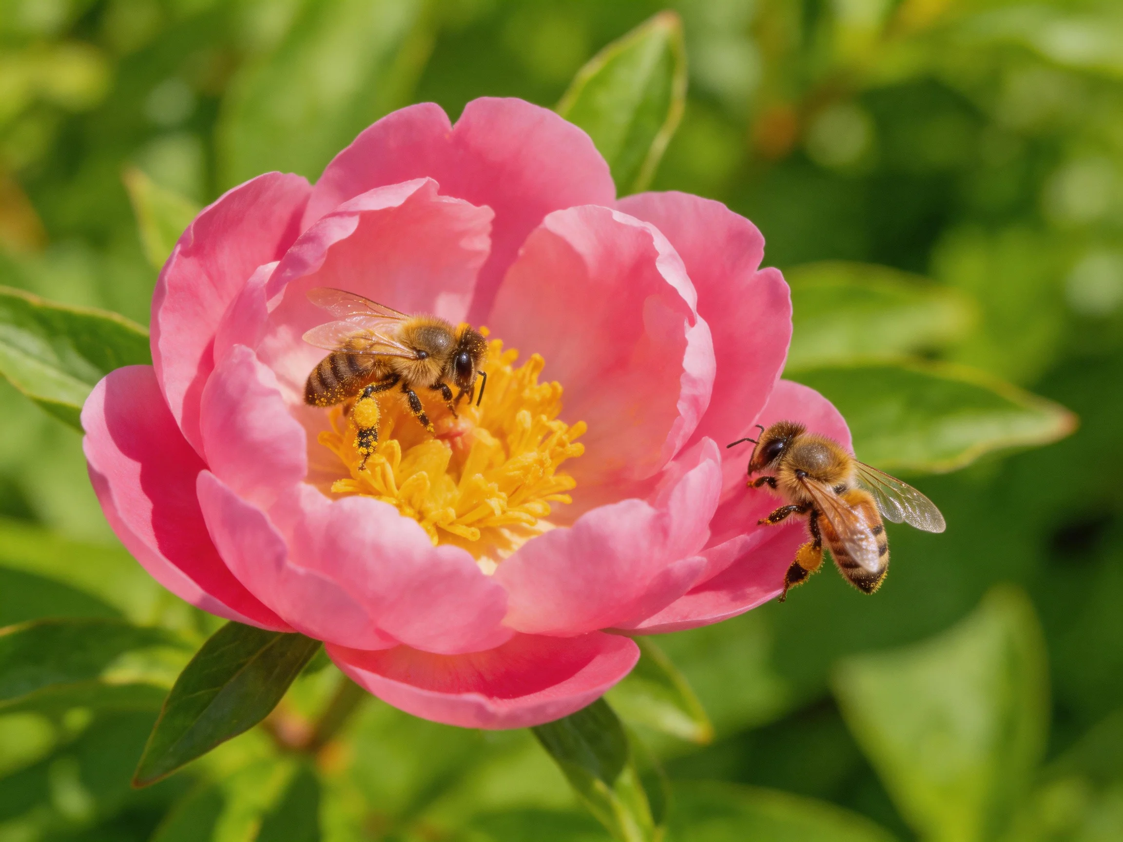 Two honeybees pollinating a vibrant pink peony with yellow center