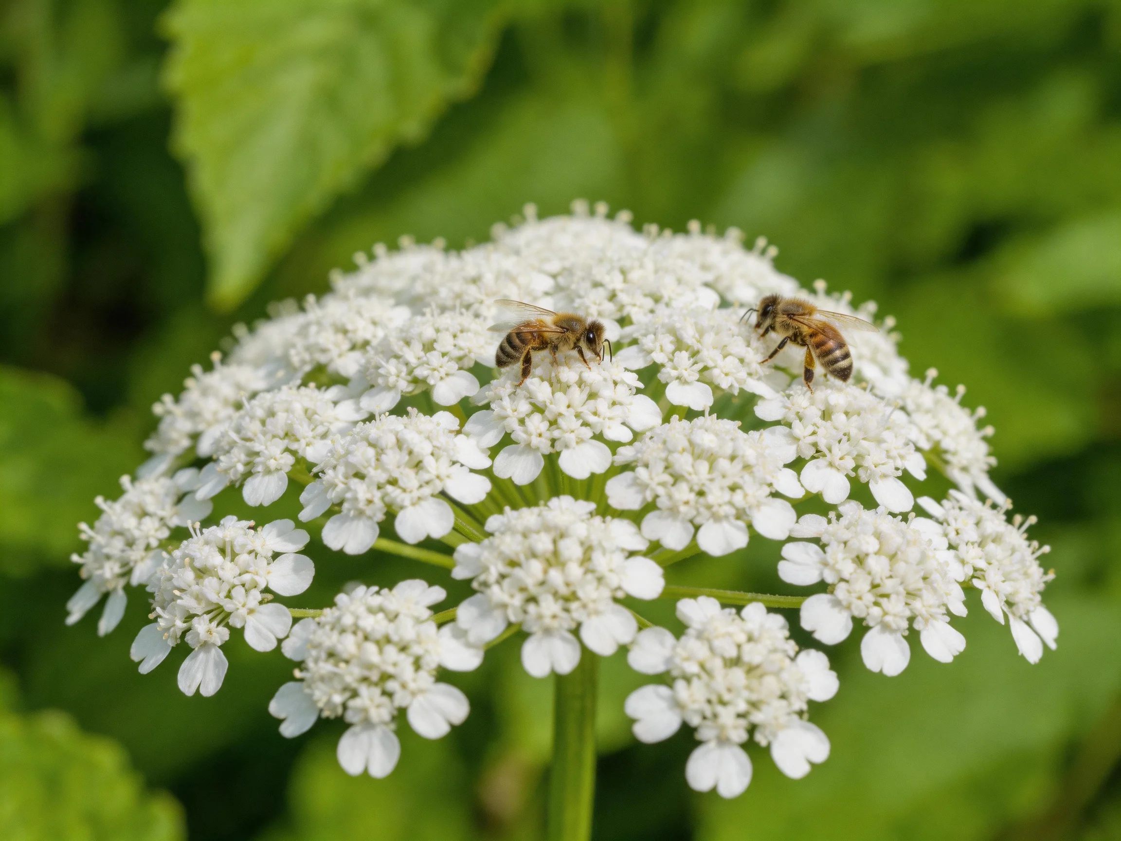Two honeybees pollinating clustered white flowers with green foliage backdrop