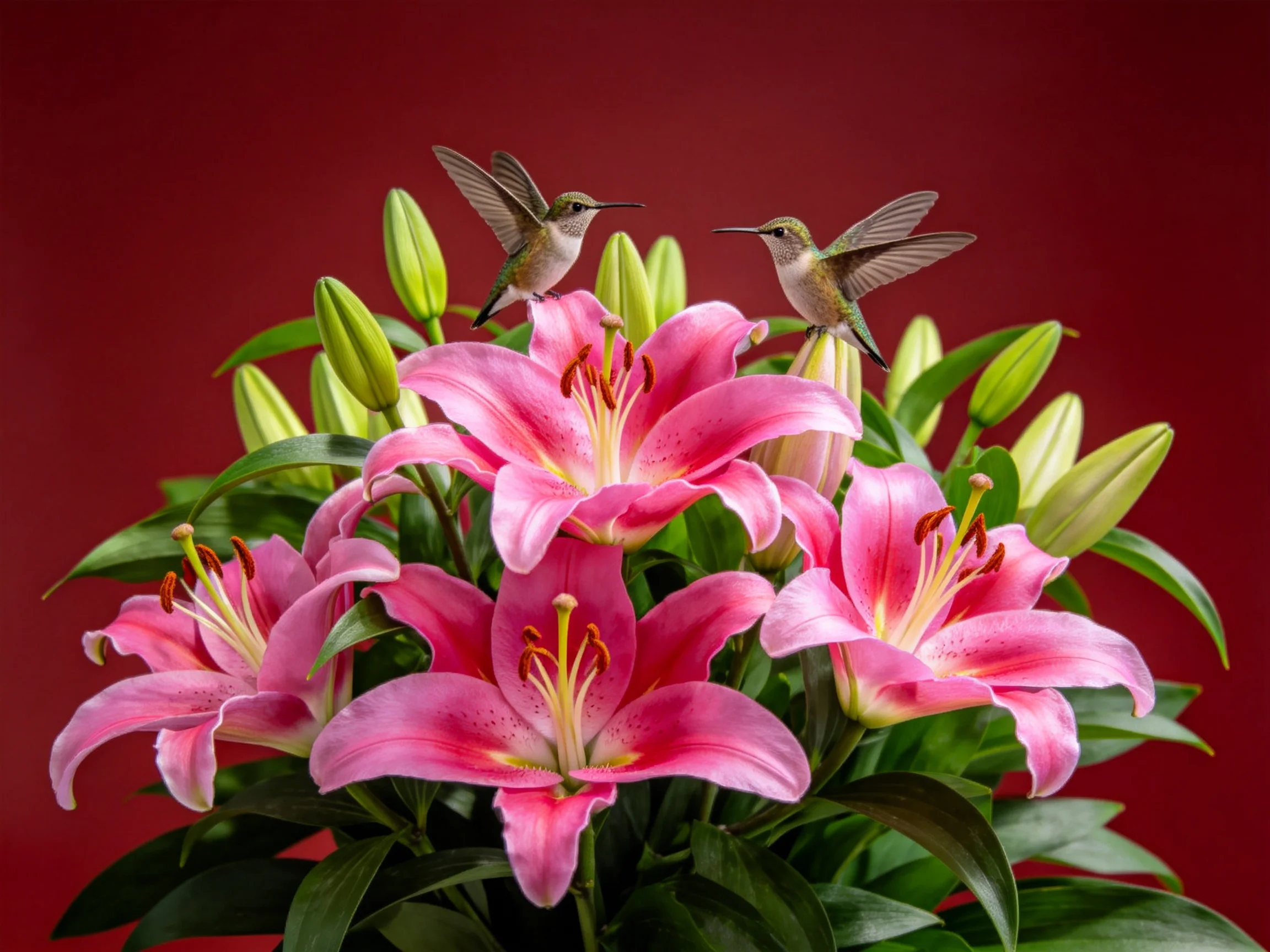 Two hummingbirds hover above bright pink lilies with green buds on a deep red backdrop