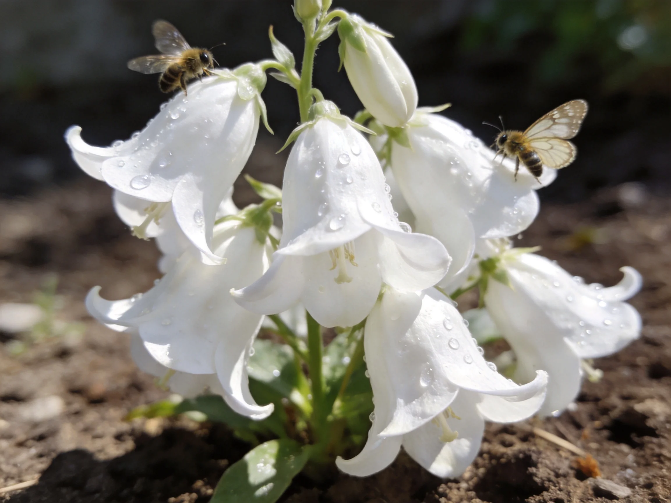 Two insects explore white bell - shaped flowers with dewdrops