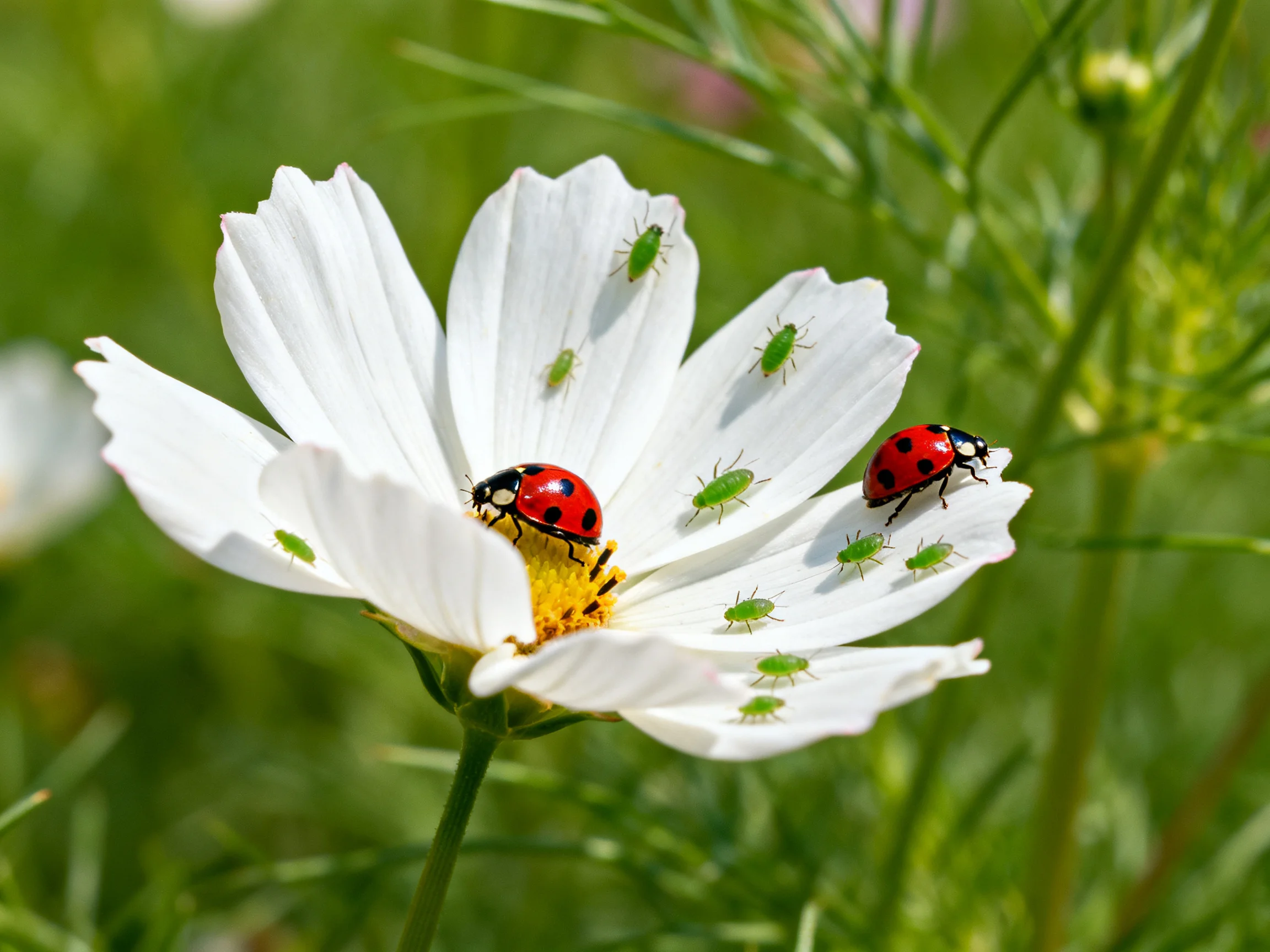 Two ladybugs and many green insects on a large white flower