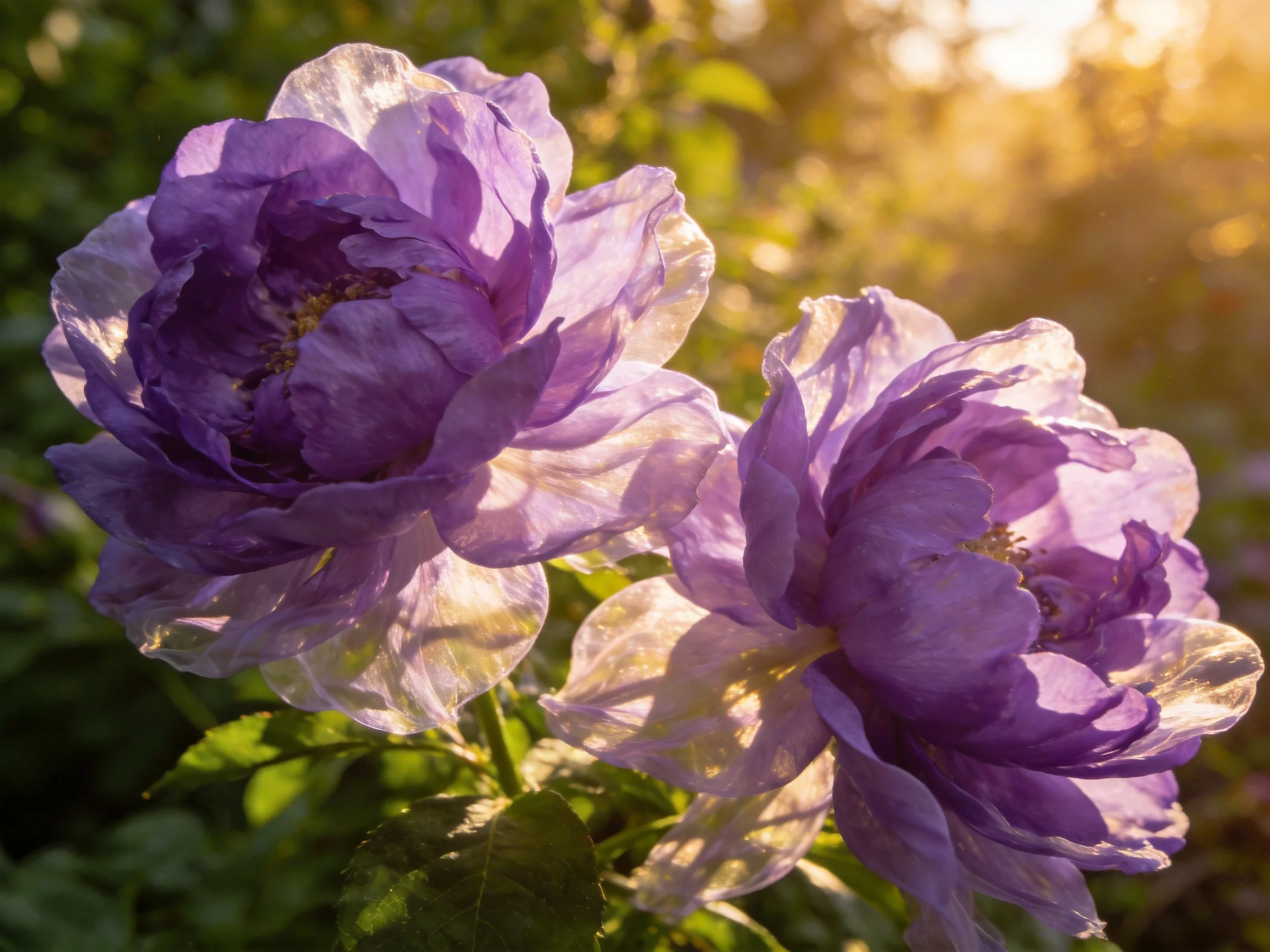 Two large purple blooms illuminated by warm sunlight