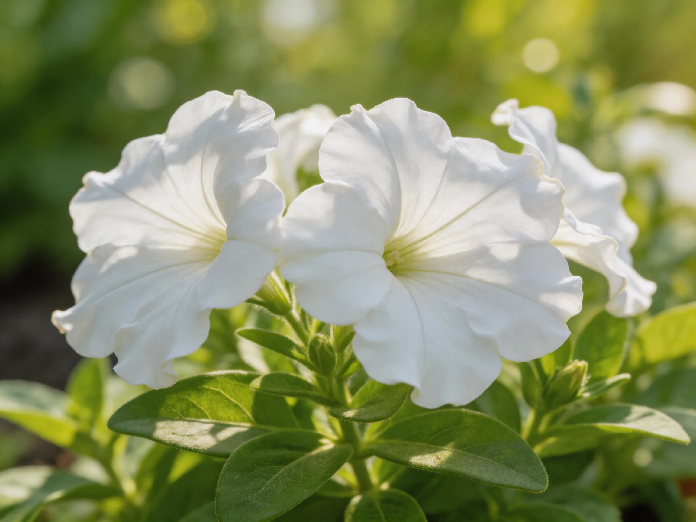 White petunia flowers bloom brightly amid greenery under sunlight.