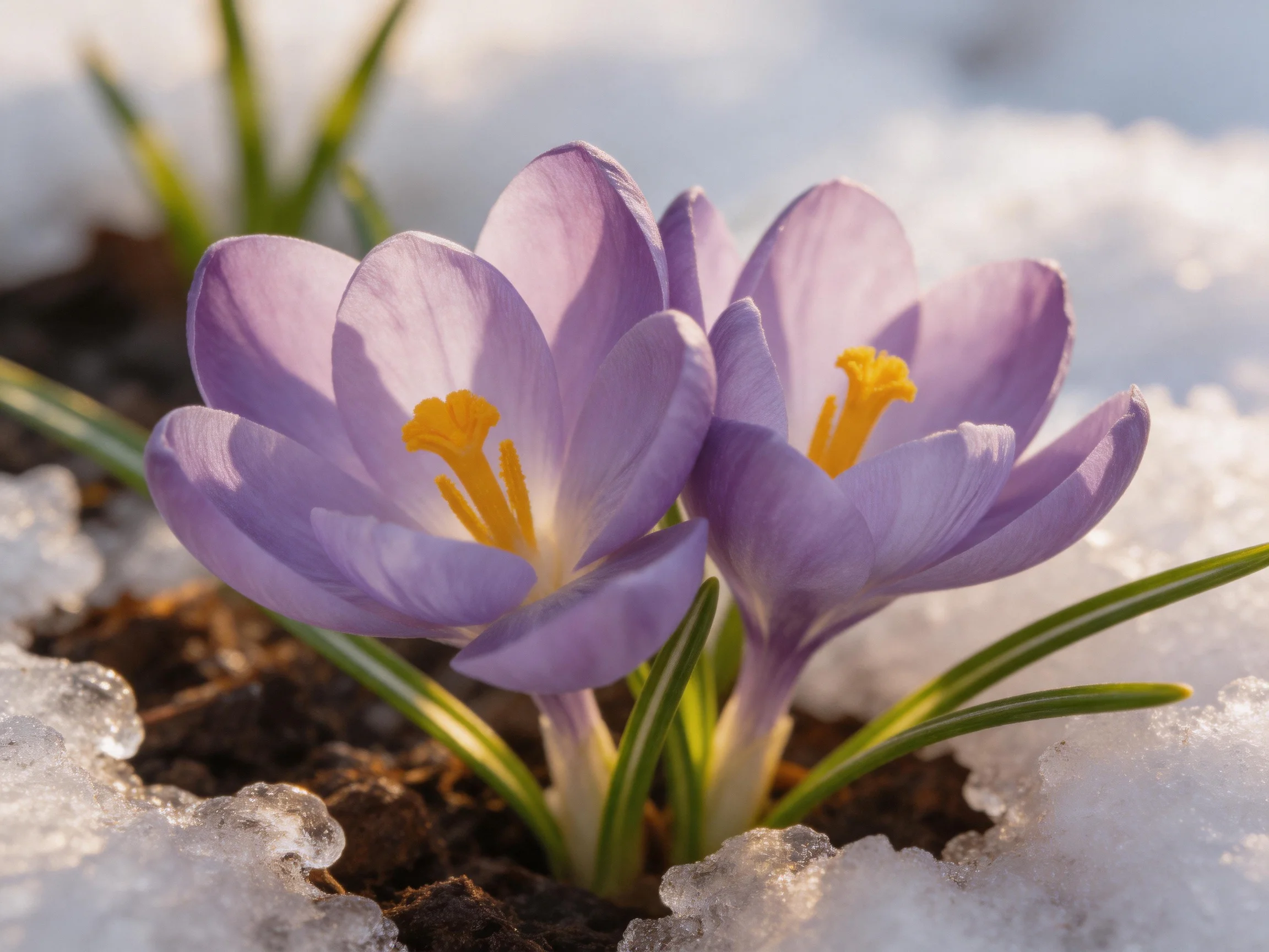 Two lavender crocus blooms emerge from melting snow beside dark soil.