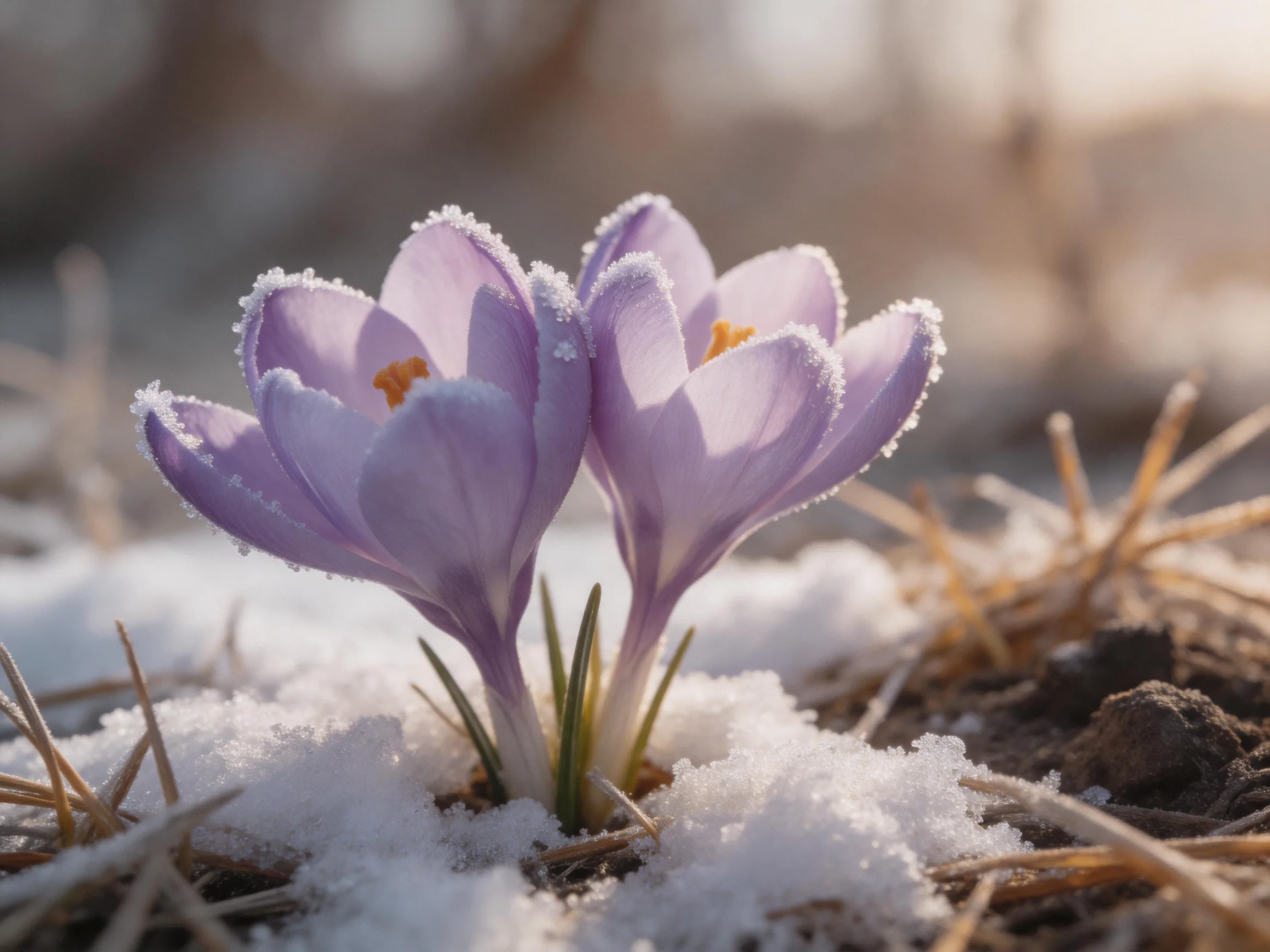 Two lavender crocus flowers bloom through snow with frosty petals