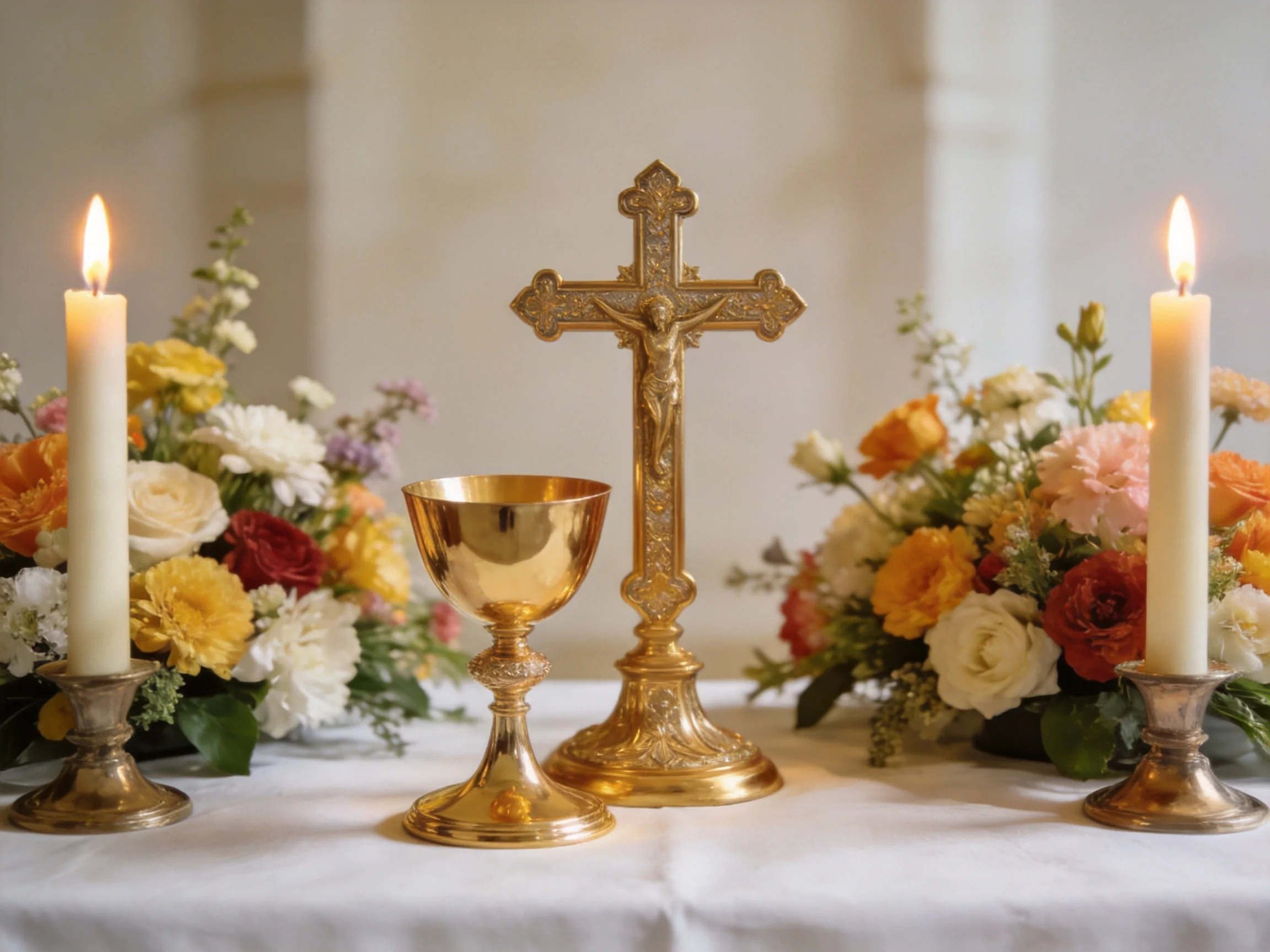 Two lit candles flank a golden crucifix, chalice, and vibrant flower arrangements