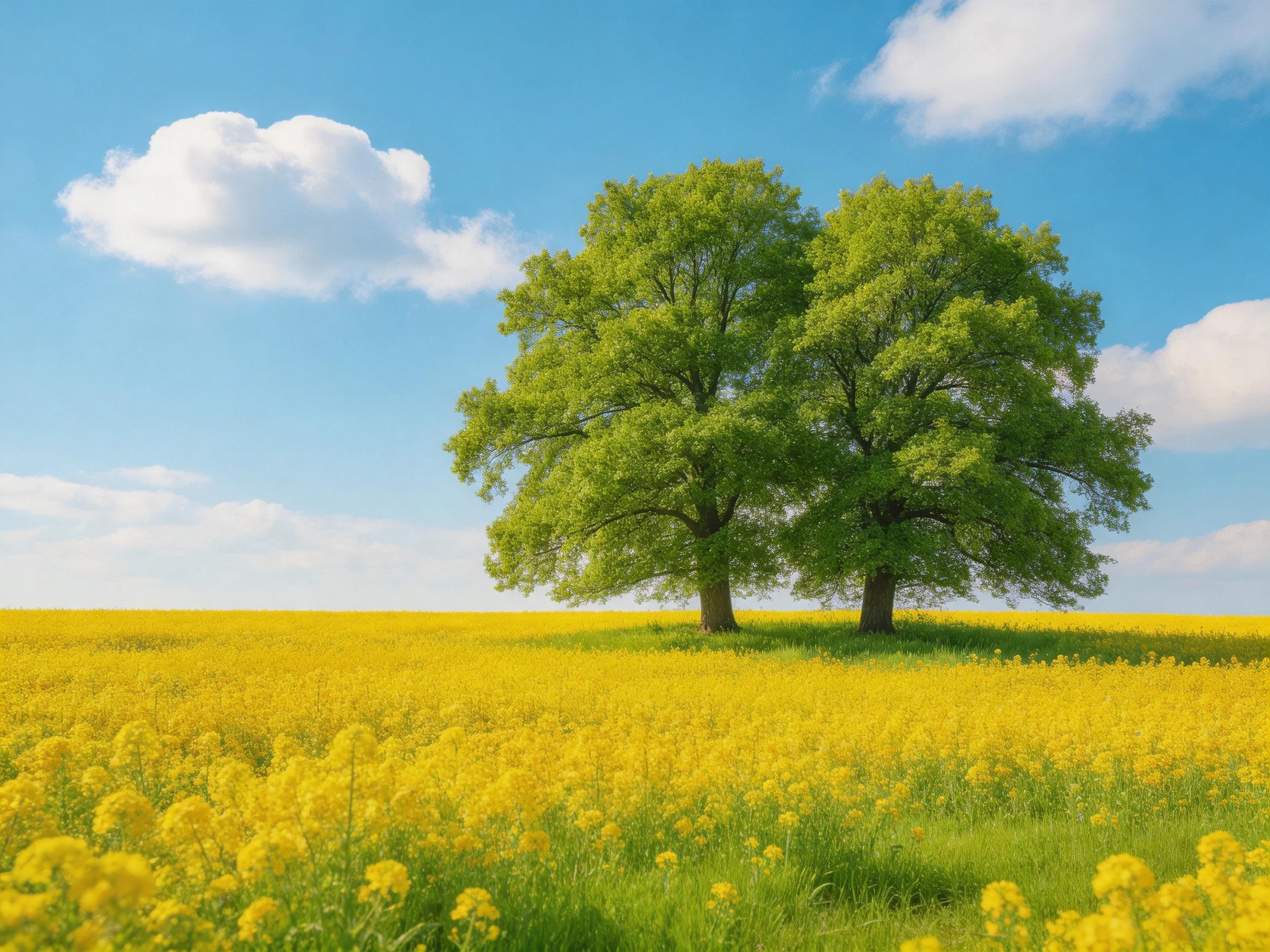 Two lush green trees stand amid a vast golden flower field under bright blue sky