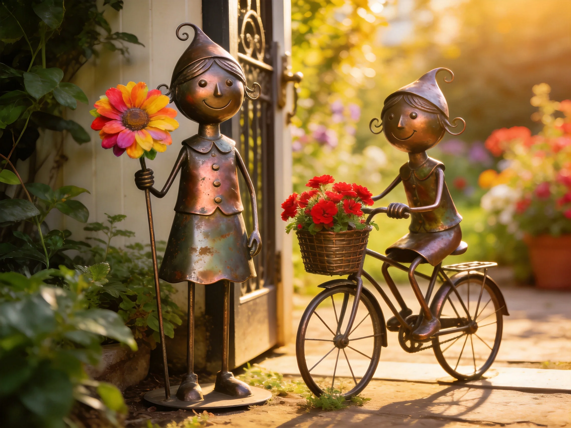 Two metal figurines, flowers, and a bicycle in a sunlit garden