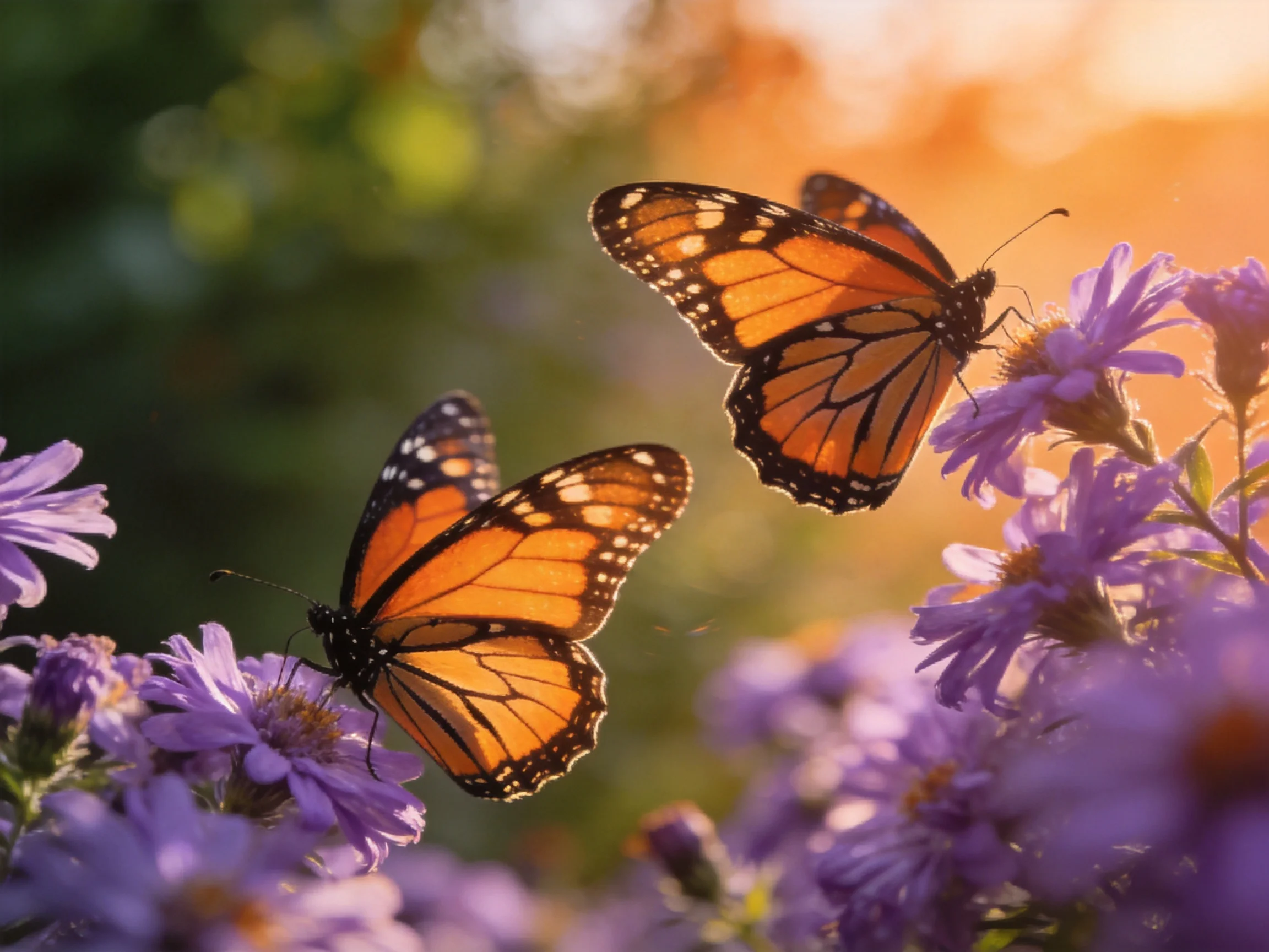 Two monarch butterflies gather near vibrant purple flowers under warm sunlight