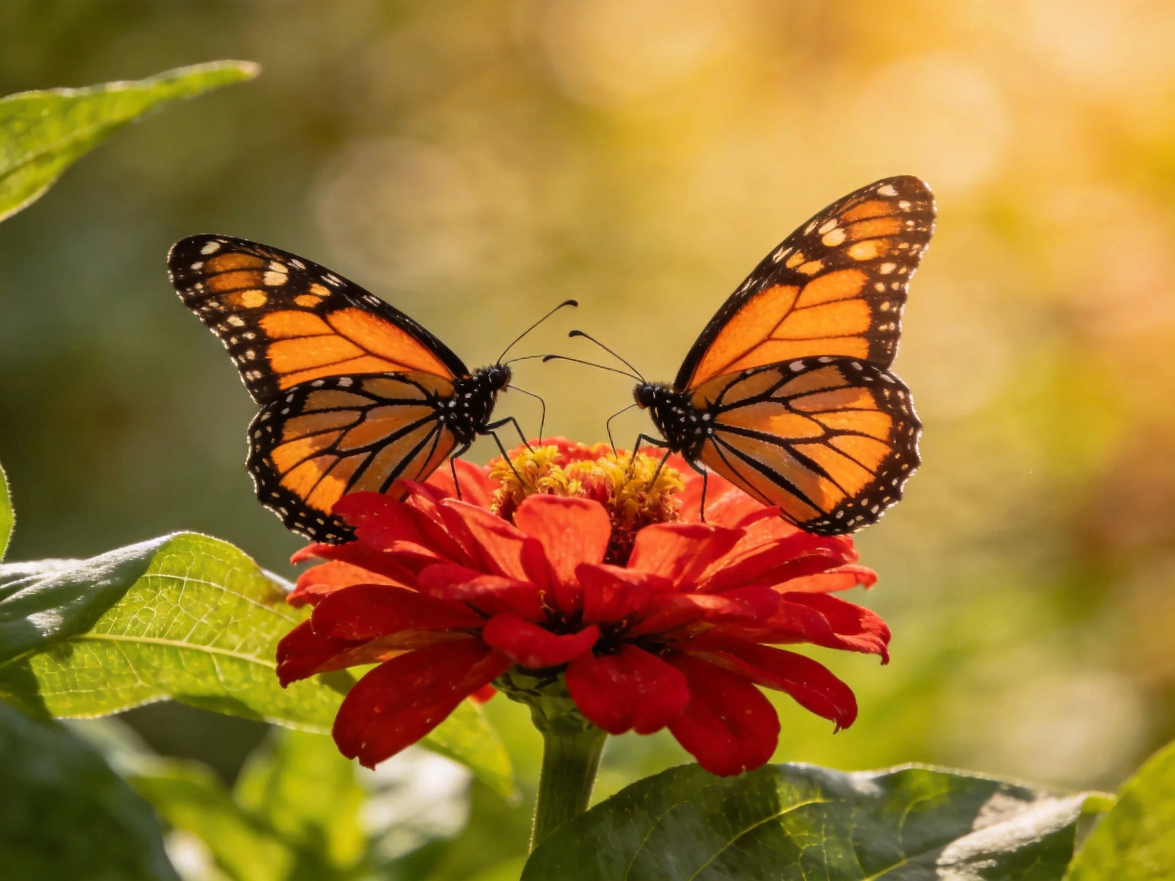 Two monarch butterflies gather nectar from a bright red flower
