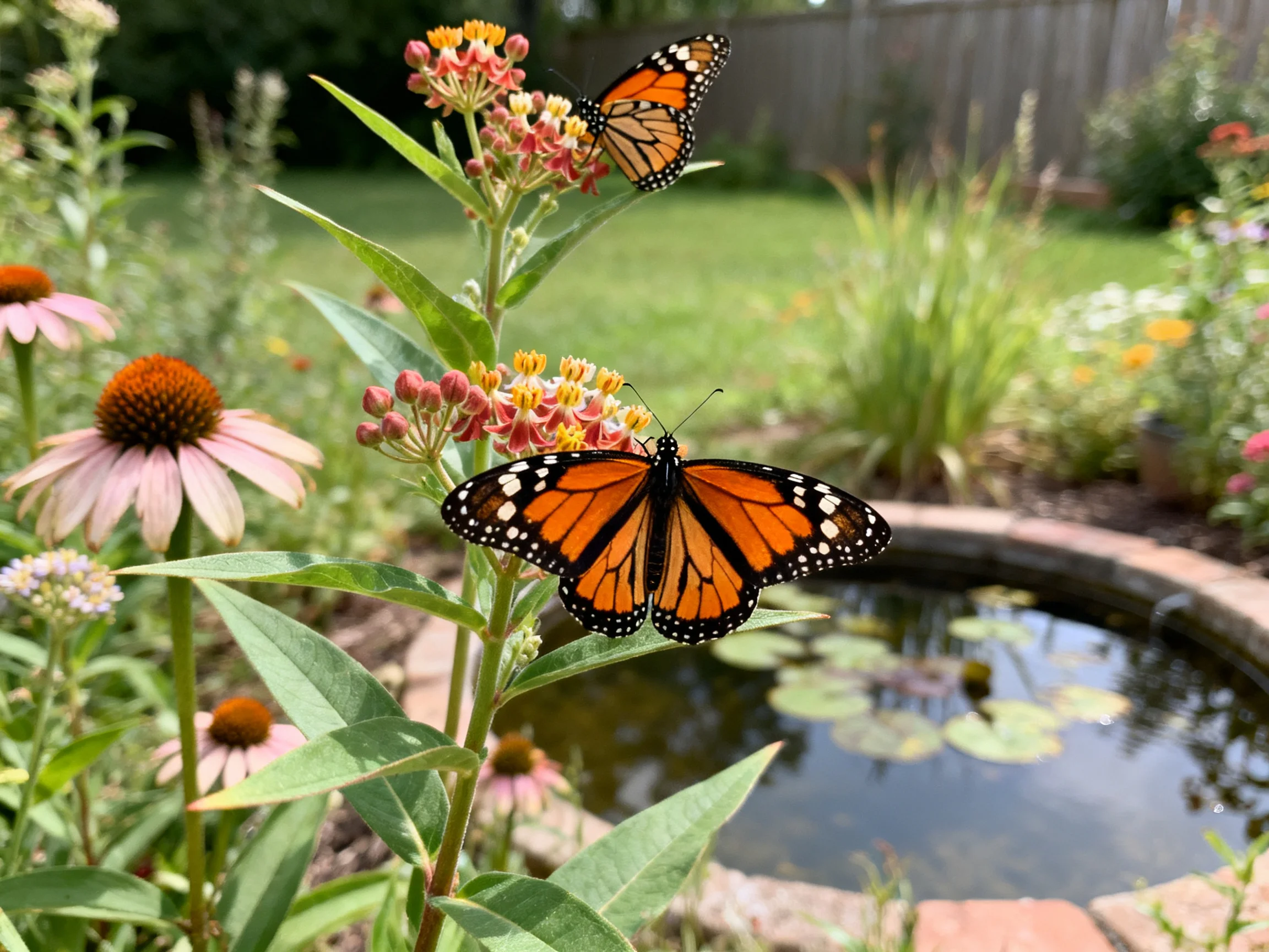 Two monarch butterflies rest on colorful flowers near a small garden pond