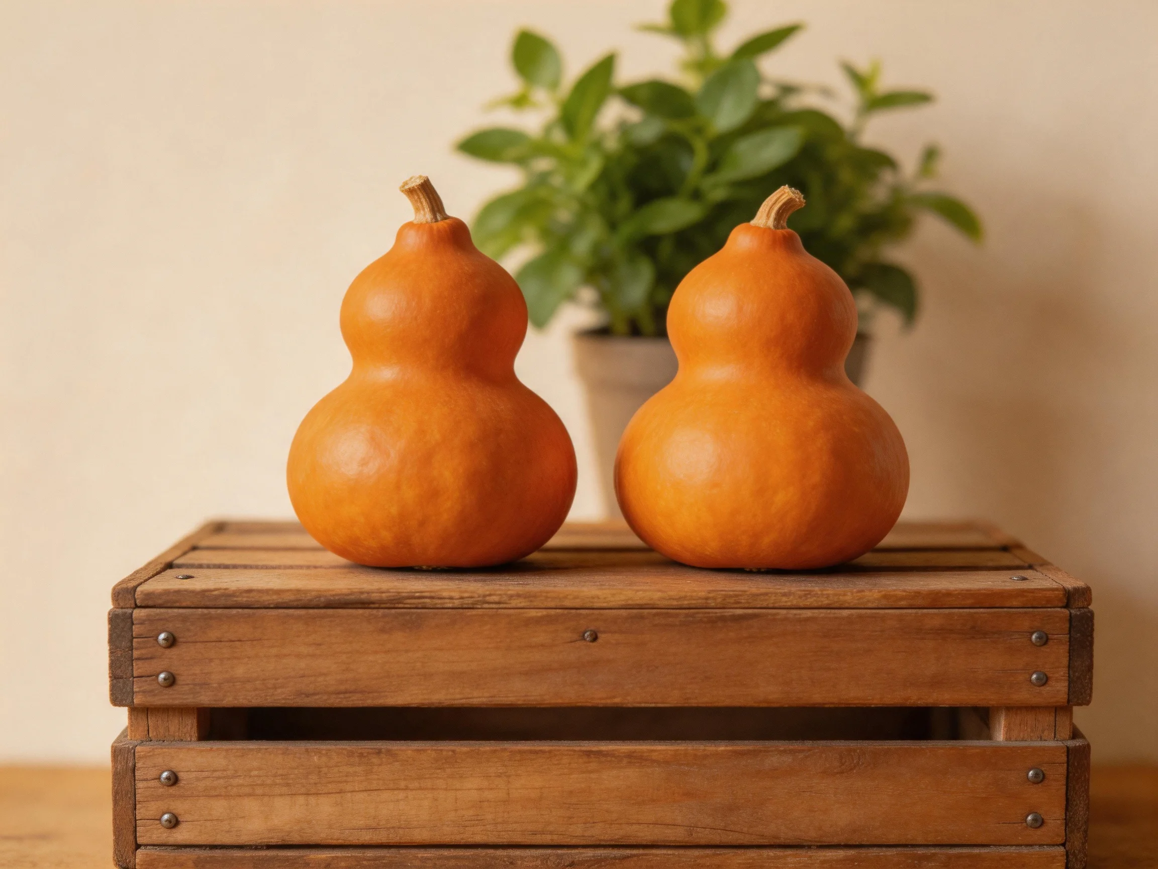Two orange gourds rest on a wooden crate near a potted plant