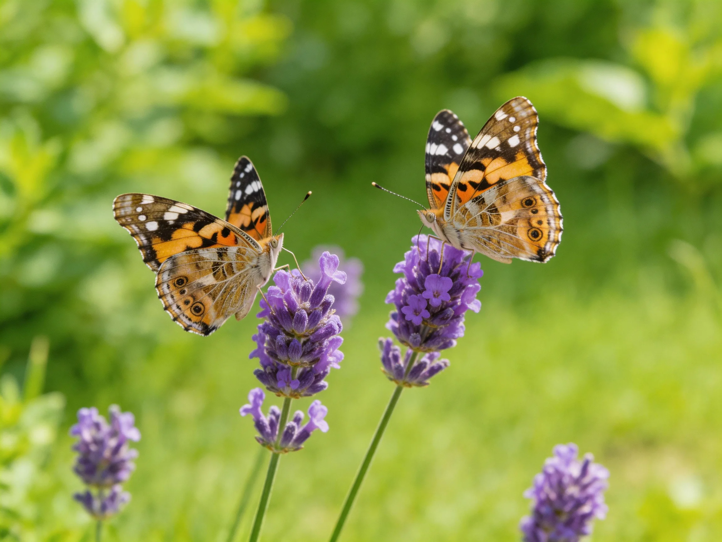 Two painted lady butterflies on vibrant purple lavender blooms
