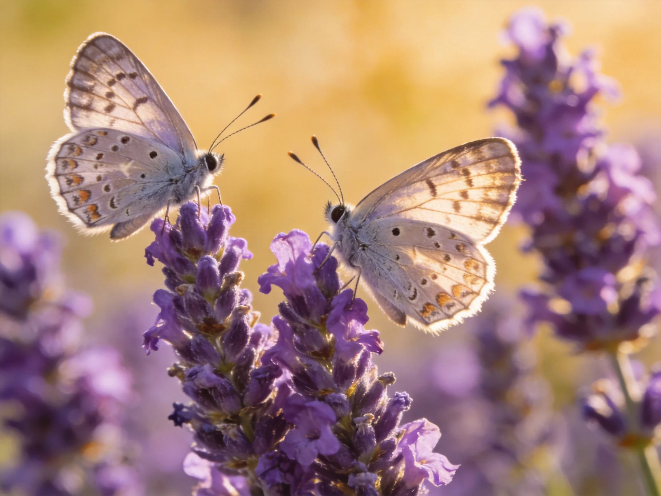 Two pale blue butterflies rest on vibrant purple lavender blooms
