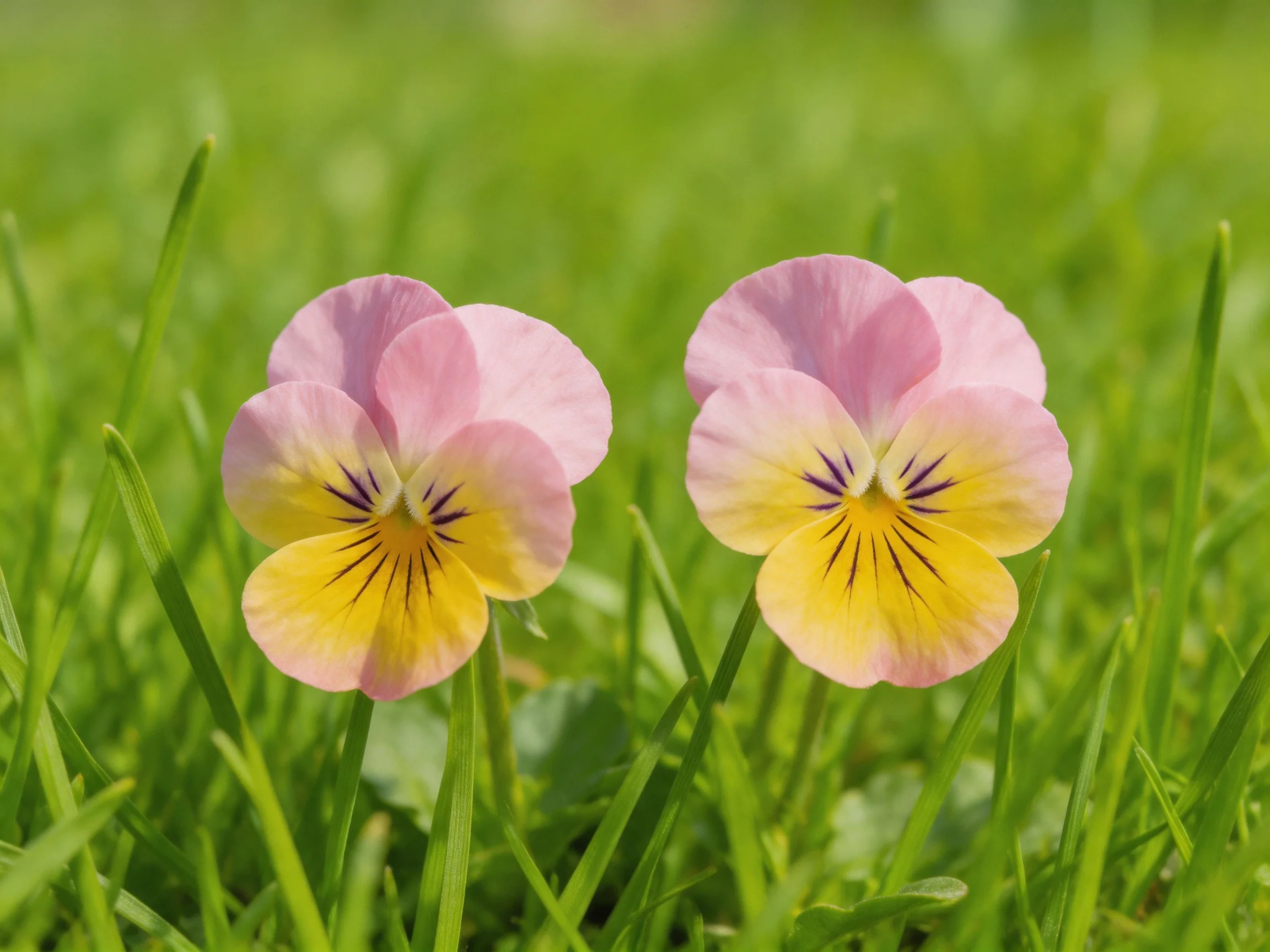 Two pastel-hued pansy flowers bloom in lush green grass