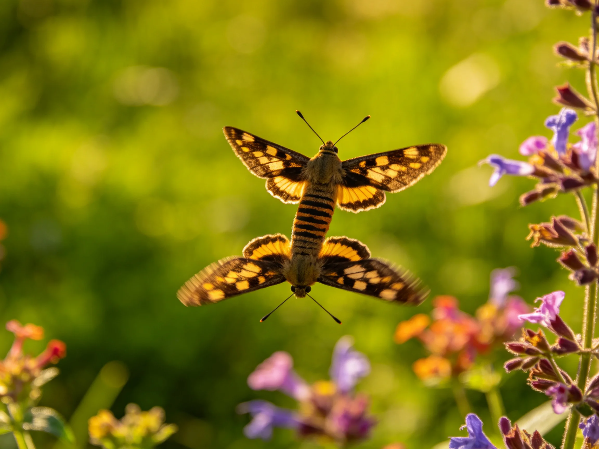 Two patterned butterflies mating amid colorful wildflowers