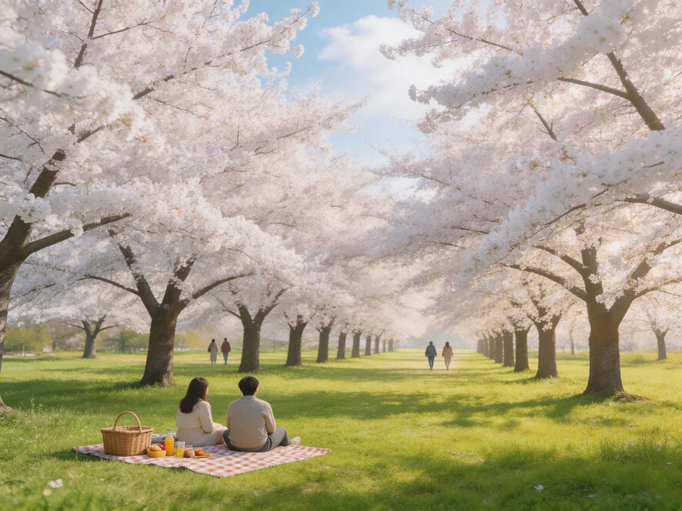 Two people picnic beneath blooming white cherry blossom trees