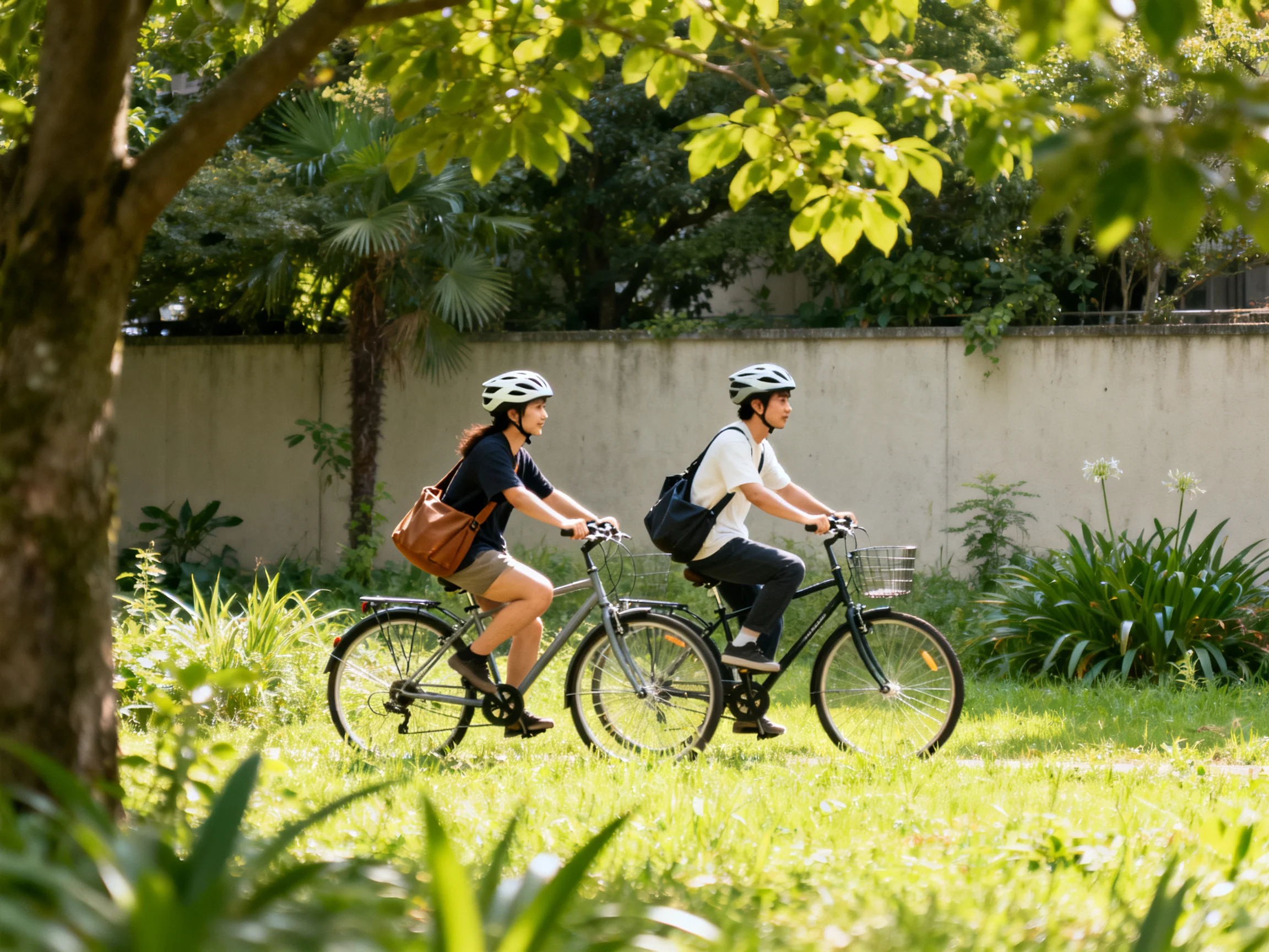 Two people ride bicycles with helmets near lush greenery under sunny skies