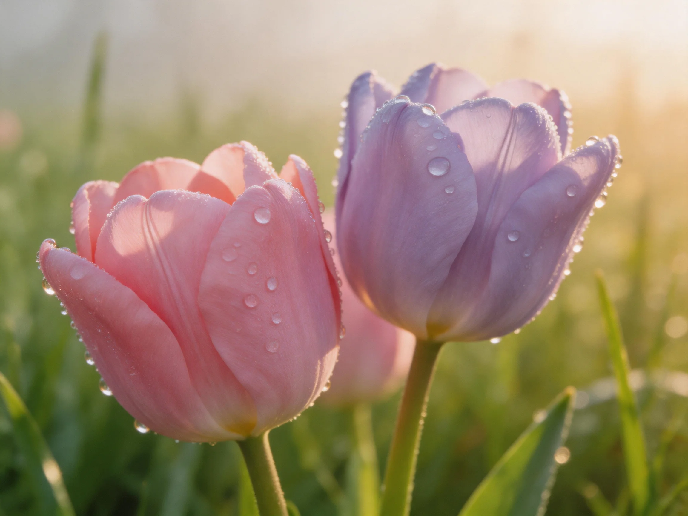 Two pink and lavender tulips with dewdrops in a sunlit meadow