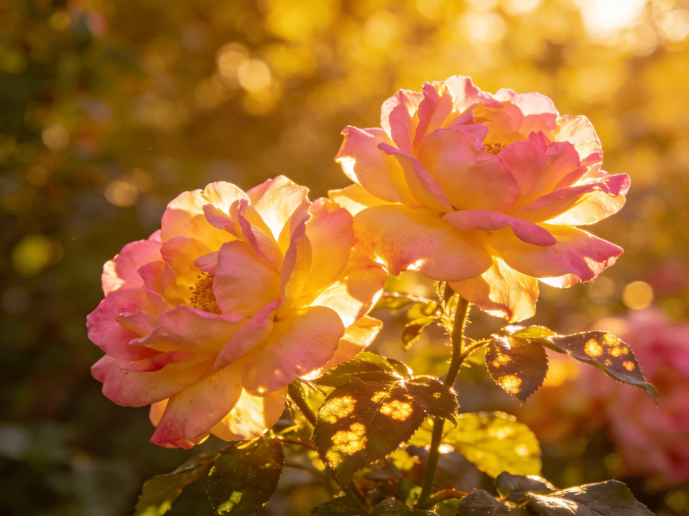 Two pink-and-yellow roses glow in golden sunlight with blurred foliage