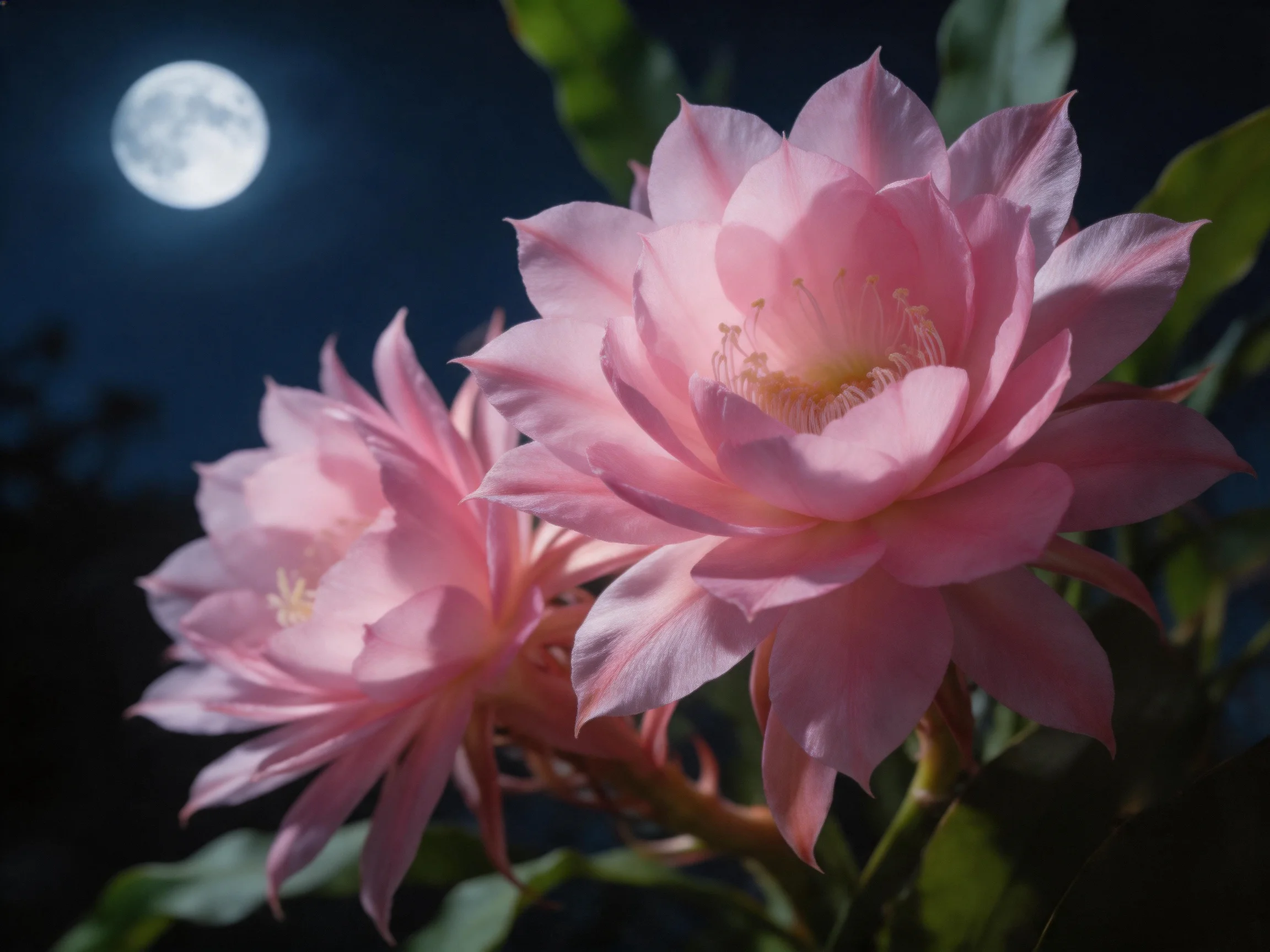 Two pink cactus flowers bloom beneath a luminous full moon