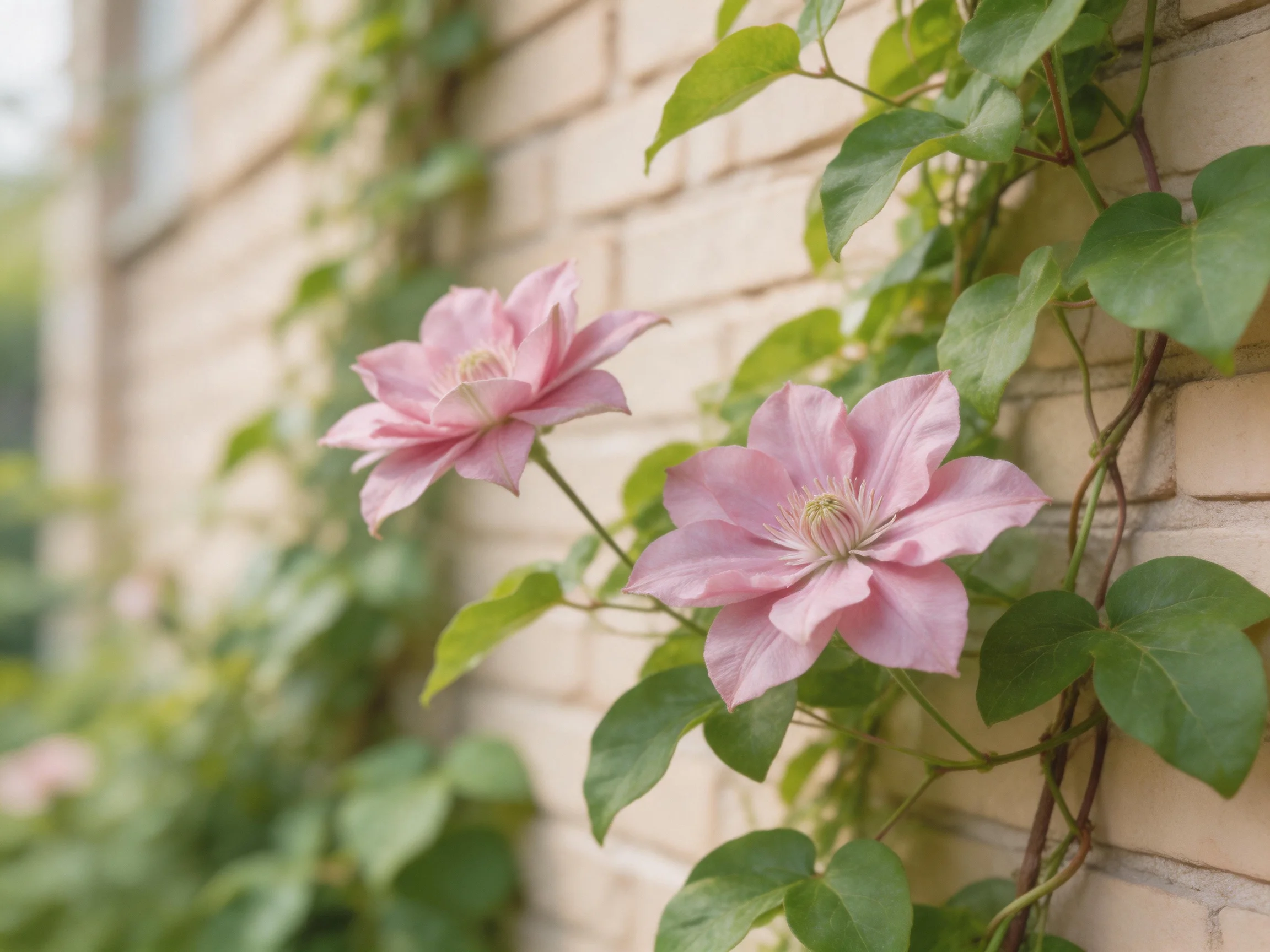 Two pink clematis blooms climb a beige brick wall with green foliage