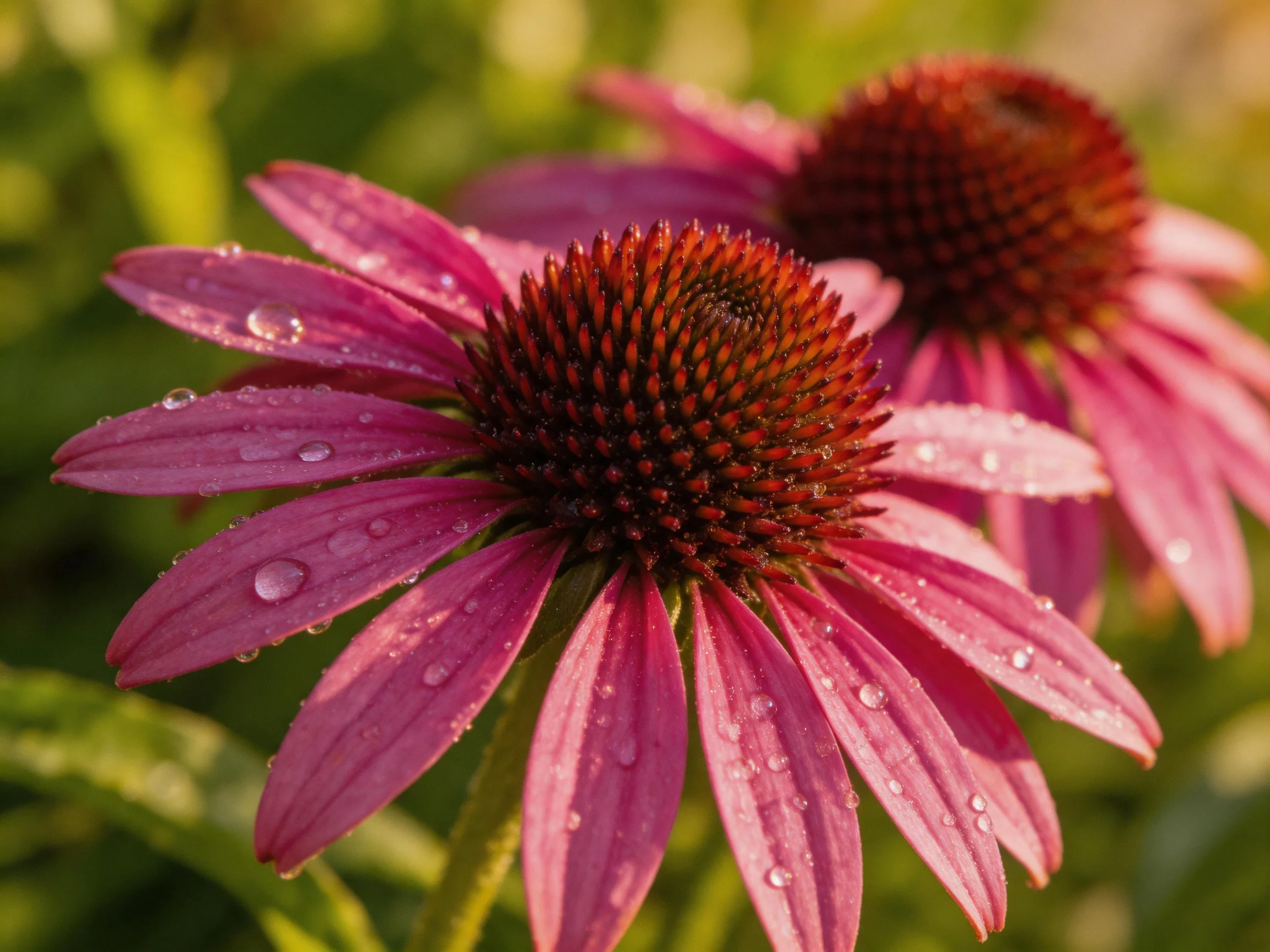 Two pink coneflowers with water droplets in a sunlit garden