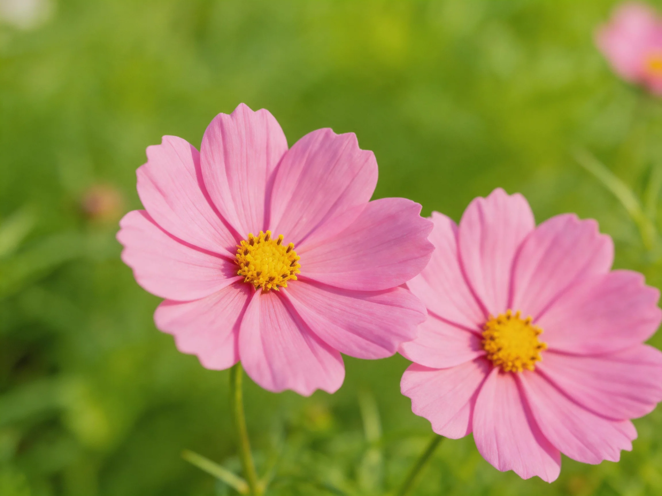 Two pink cosmos flowers with yellow centers in a green meadow