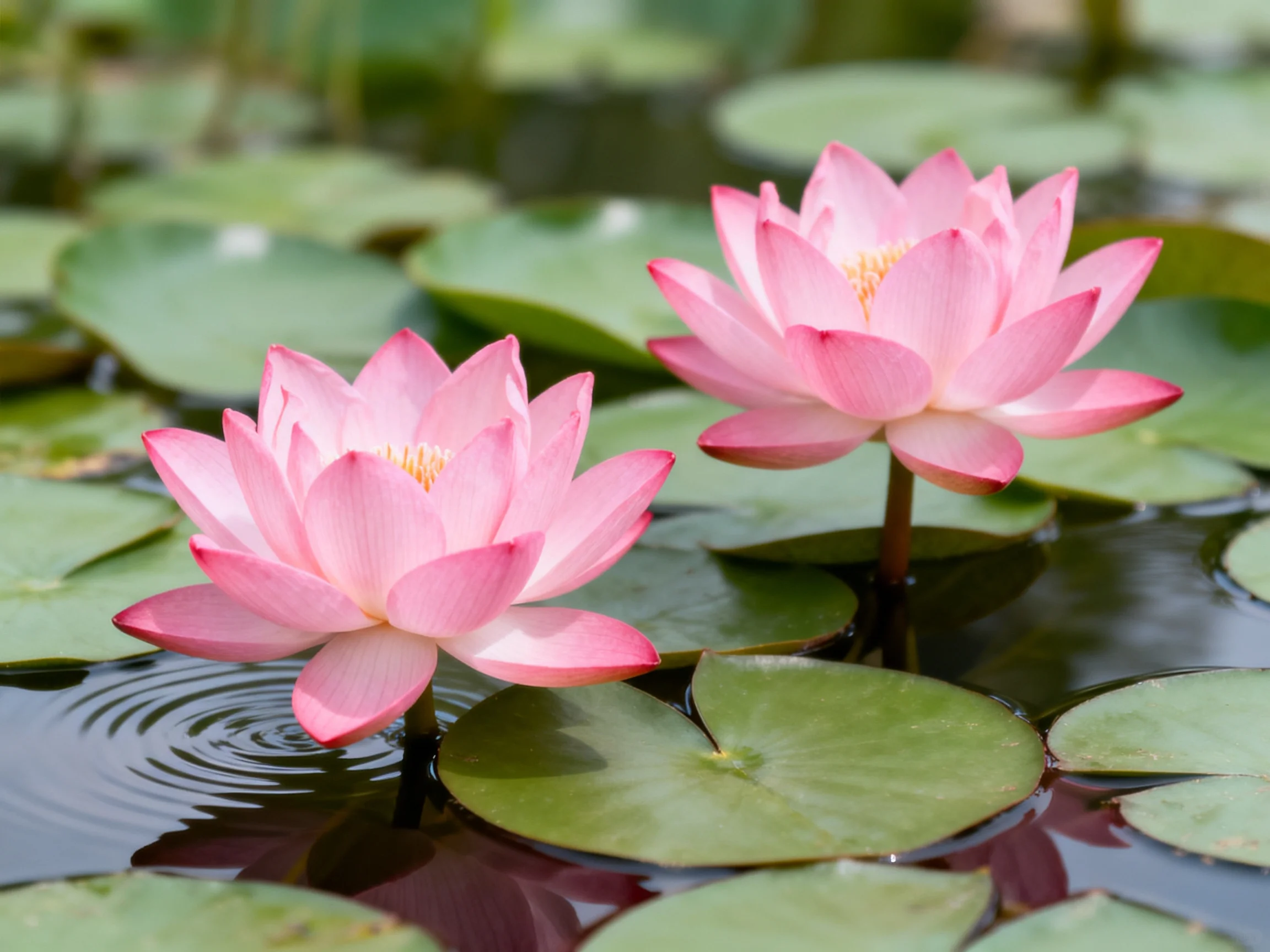 Two pink lotus flowers float among green lily pads in calm water