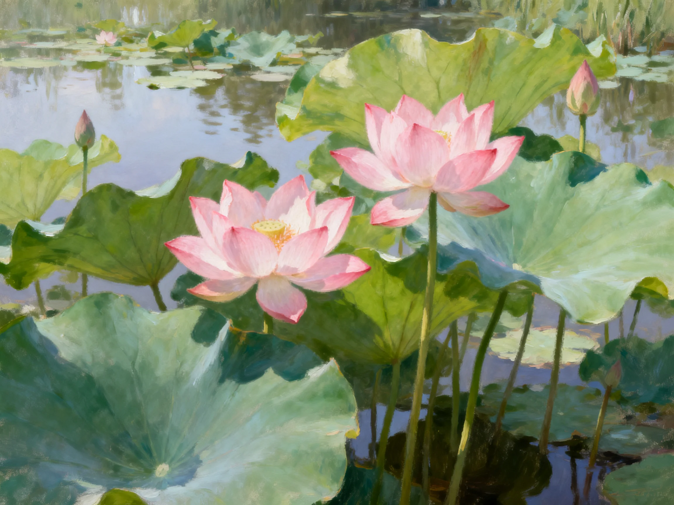 Two pink lotuses among green lily pads in still water