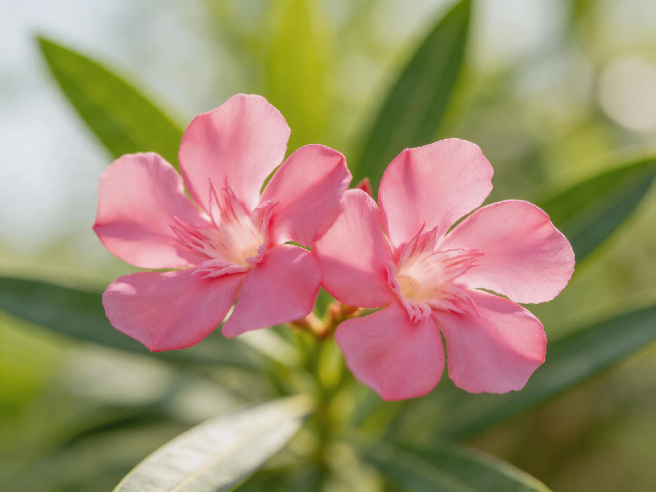 Two pink oleander flowers bloom amid blurred green foliage